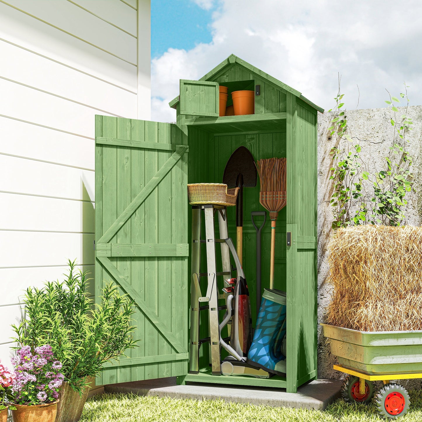 30" x 21" x 71" Garden Storage Shed, Outdoor Storage Shed with 3 Tier Shelves, Workshop Yard Tool Utility Storage House Water-resistant All-weather Cover Spire Roof, Green