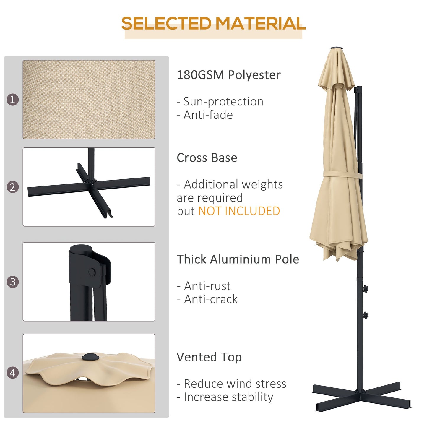 10 FT Cantilever Patio Umbrella, Round Hanging Offset Umbrella with 360°Rotation, Crank, Tilt, Cross Base, 8 Ribs, Air Vent, Outdoor Umbrella for Garden, Backyard, Khaki