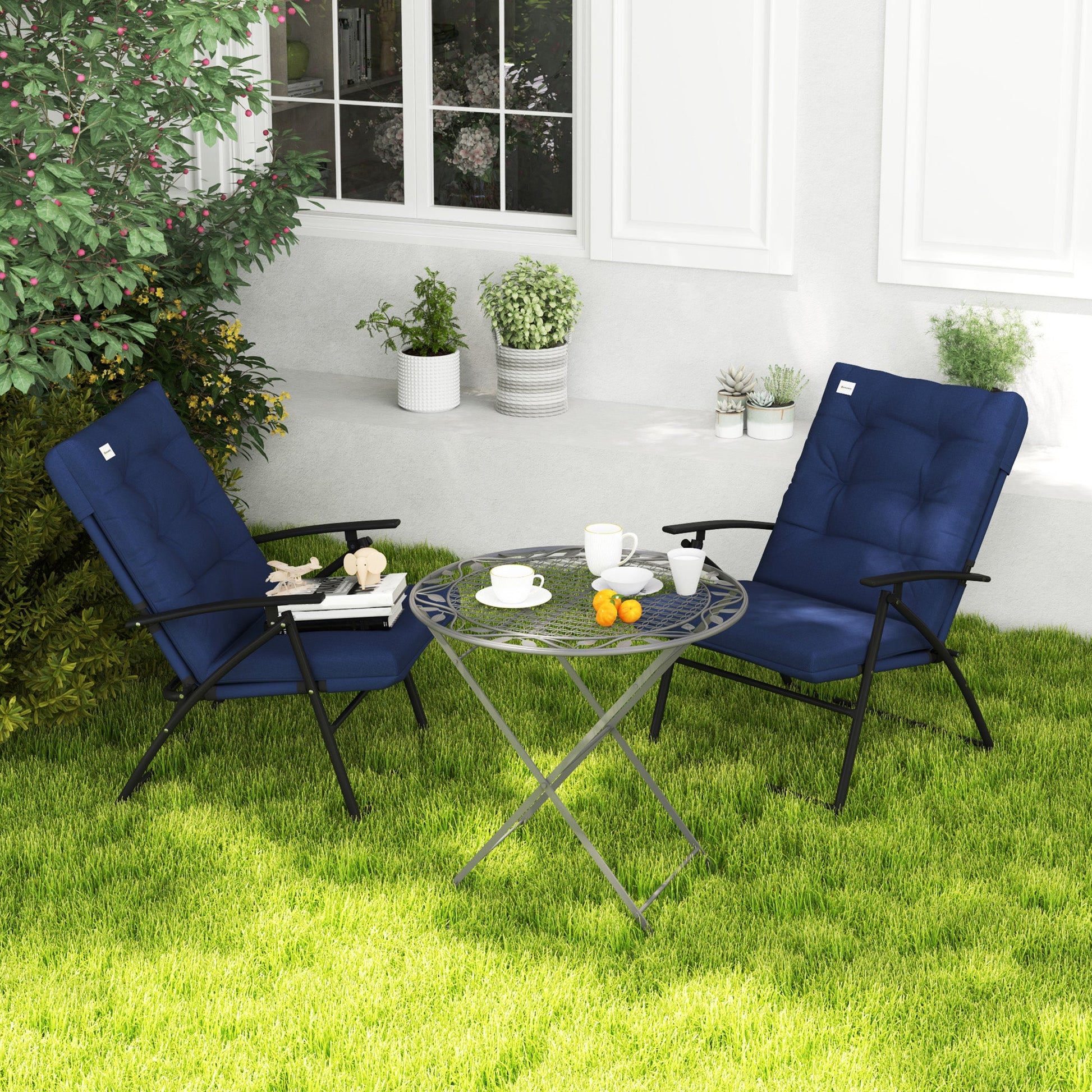 Set of 2 Outdoor Dining Chairs, Folding Patio Chair with Adjustable Backrest, Padded Folding Chairs for Outdoor Events, Blue