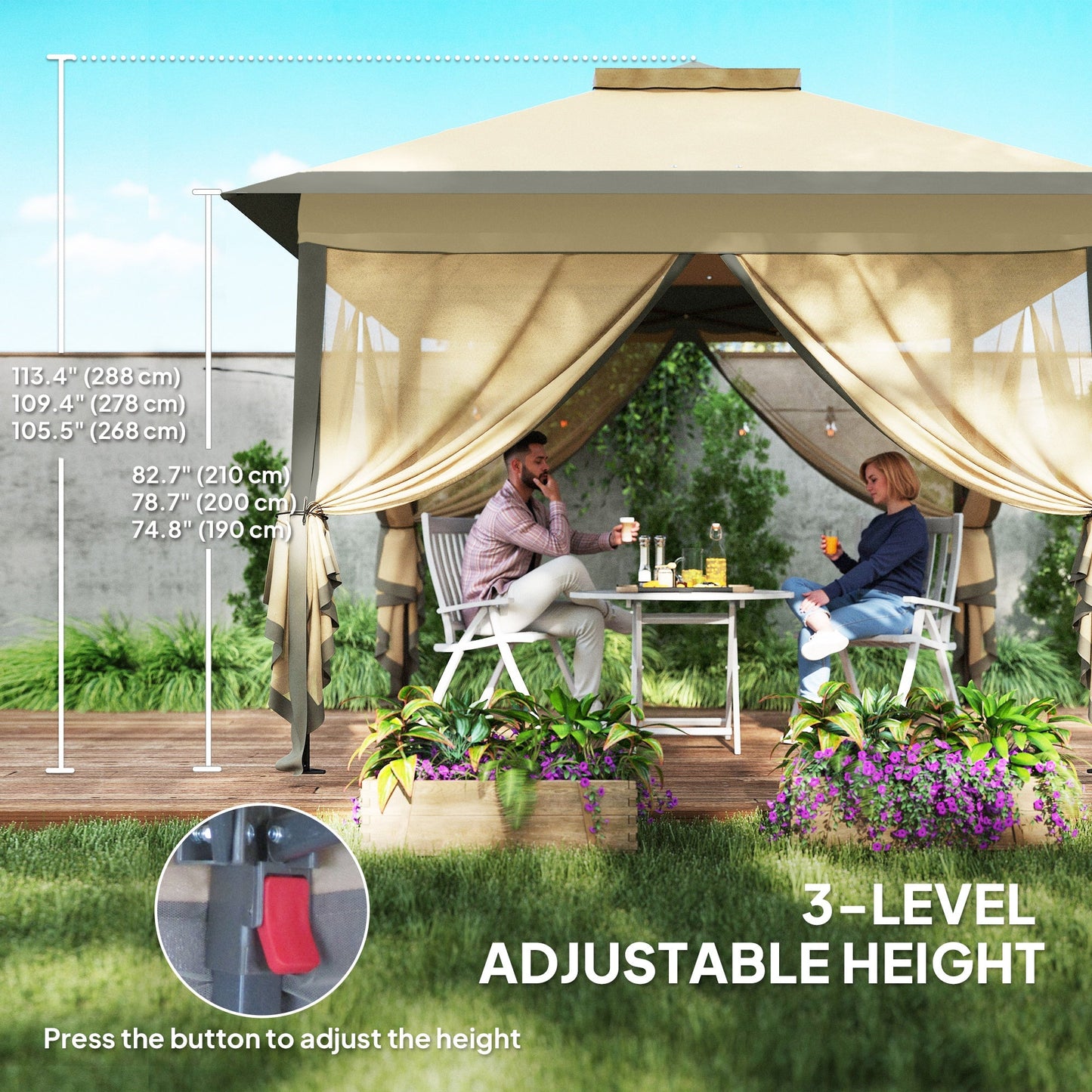 11' x 11' Pop Up Canopy, Double Roof Foldable Canopy Tent with Zipper Mesh Sidewalls, Height Adjustable and Carrying Bag, Event Tent for Patio Garden Backyard, Beige