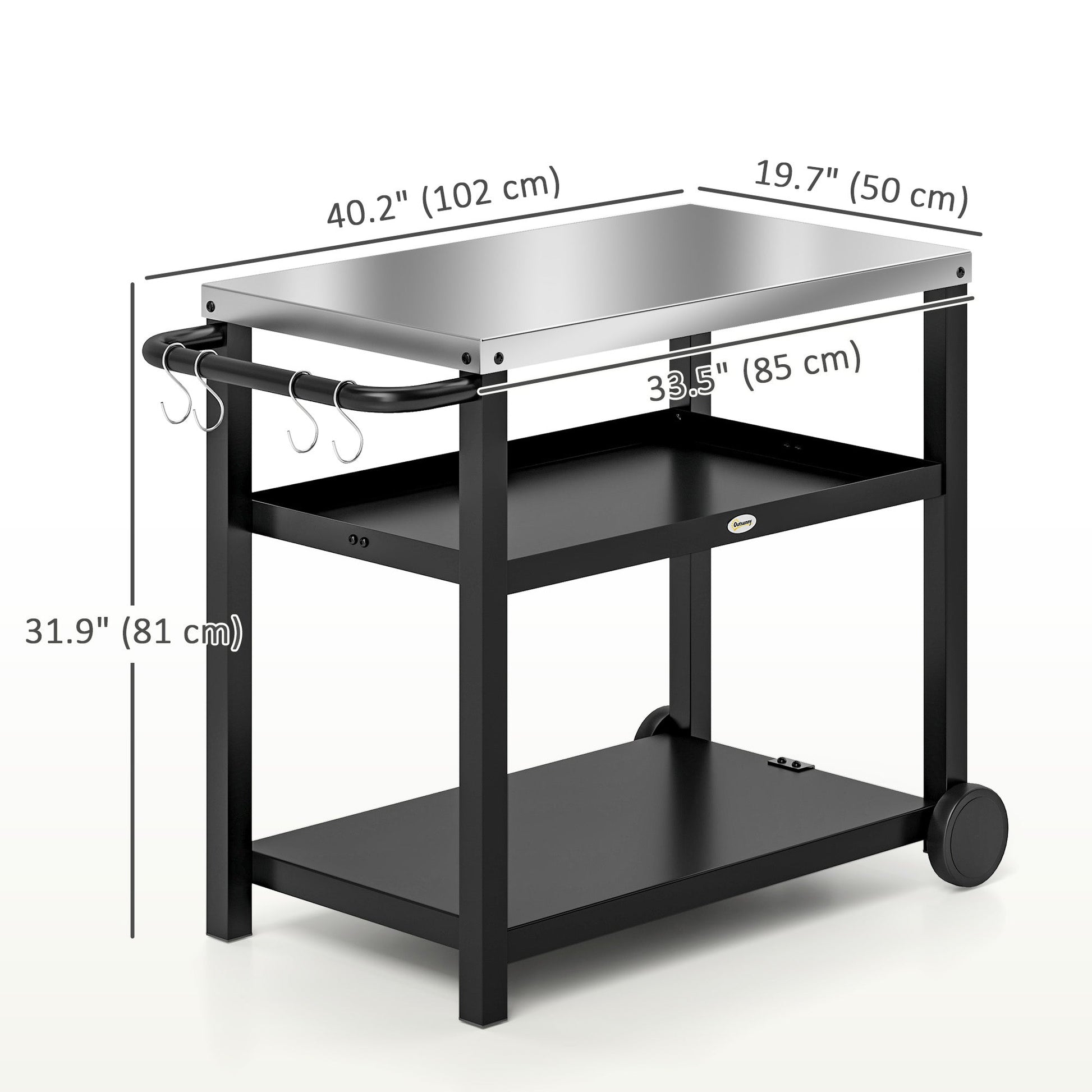 3-Shelf Outdoor Grill Dining Cart Pizza Oven Stand with Stainless Steel Top, Movable BBQ Food Prep Table Outdoor Kitchen Island with Hooks Wheels Handle, Charcoal Grey