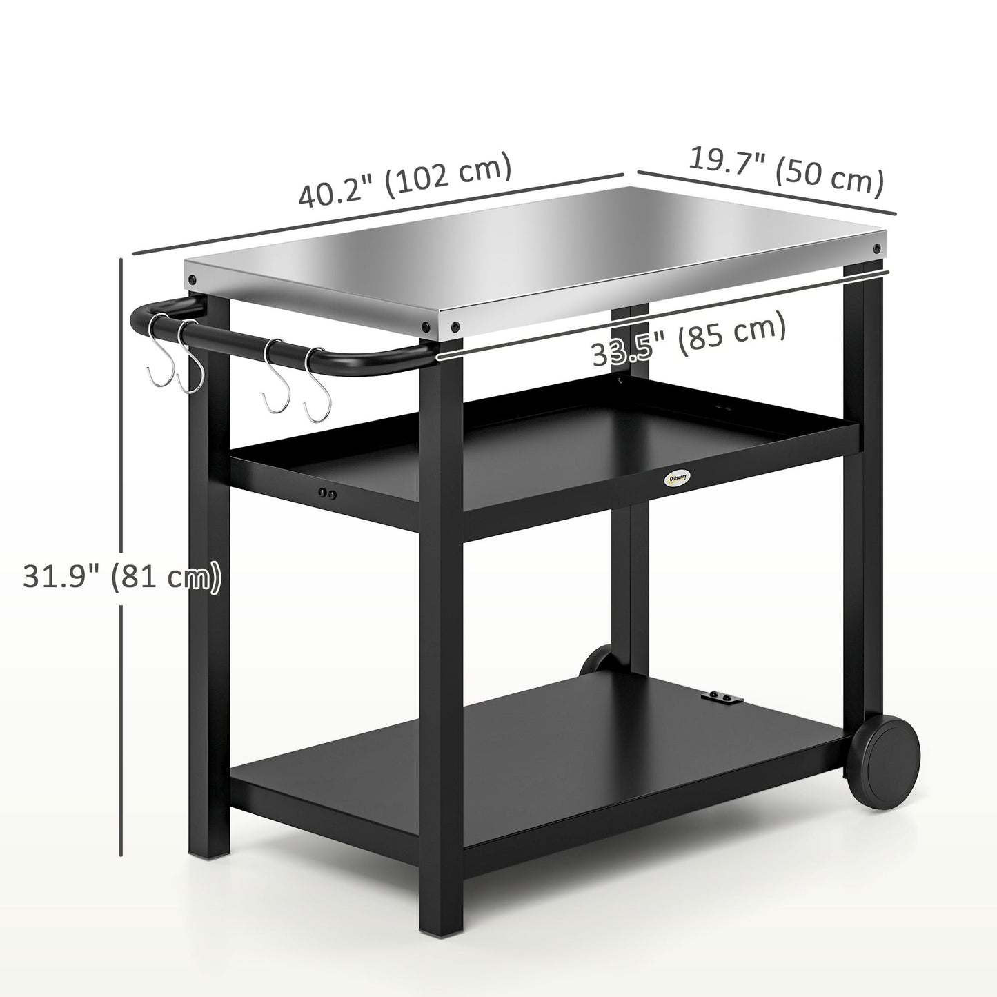 3-Shelf Outdoor Grill Dining Cart Pizza Oven Stand with Stainless Steel Top, Movable BBQ Food Prep Table Outdoor Kitchen Island with Hooks Wheels Handle, Charcoal Grey