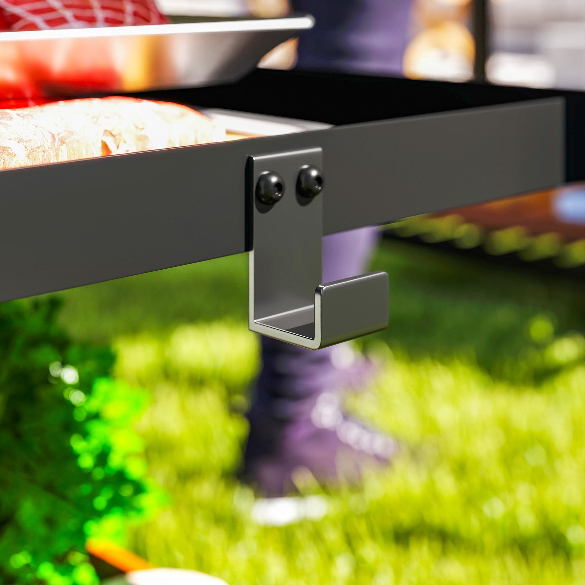 3-Shelf Outdoor Grill Dining Cart Pizza Oven Stand with Stainless Steel Top, Movable BBQ Food Prep Table Outdoor Kitchen Island with Hooks Wheels Handle, Charcoal Grey
