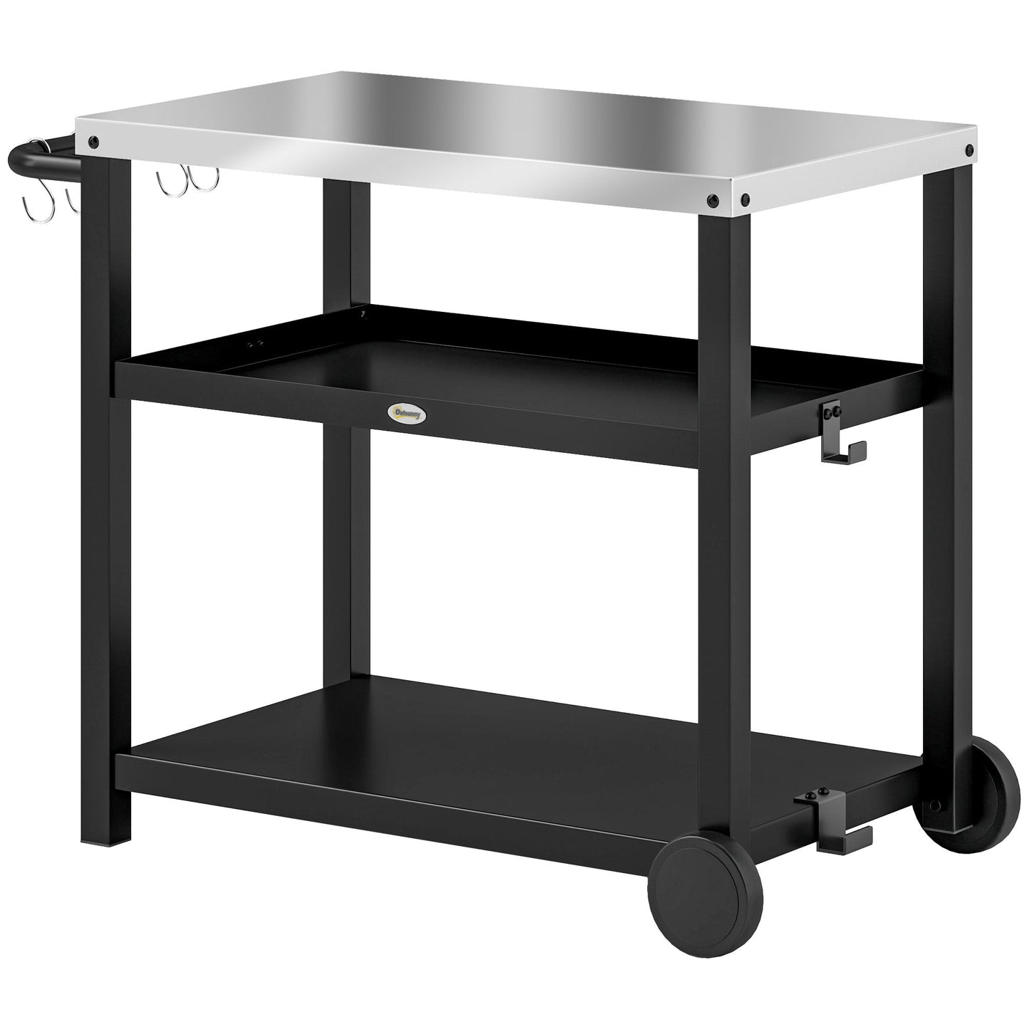 3-Shelf Outdoor Grill Dining Cart Pizza Oven Stand with Stainless Steel Top, Movable BBQ Food Prep Table Outdoor Kitchen Island with Hooks Wheels Handle, Charcoal Grey