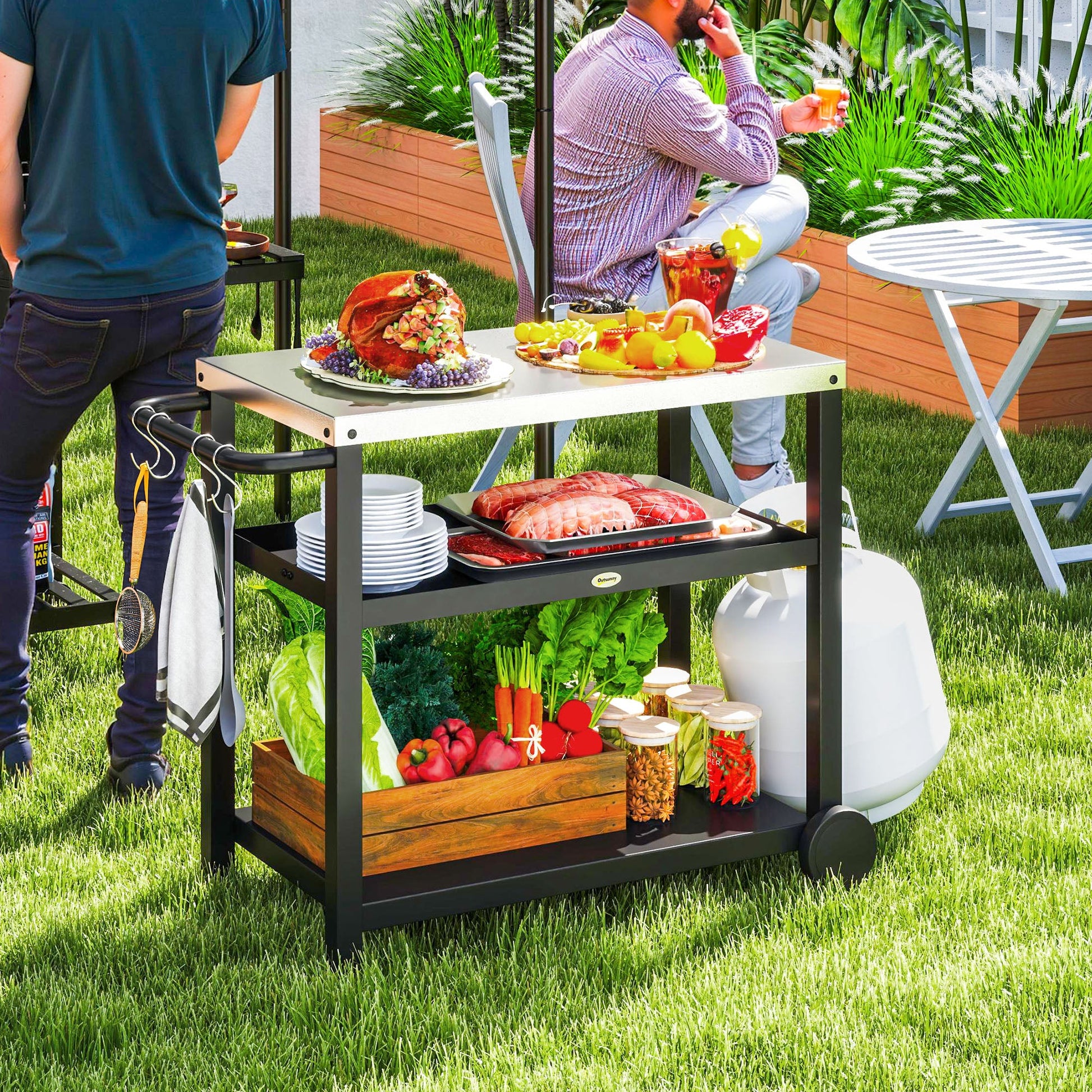 3-Shelf Outdoor Grill Dining Cart Pizza Oven Stand with Stainless Steel Top, Movable BBQ Food Prep Table Outdoor Kitchen Island with Hooks Wheels Handle, Charcoal Grey