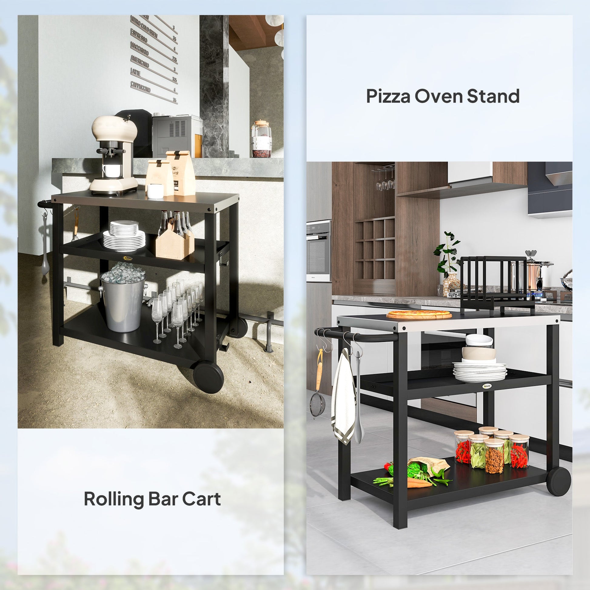 3-Shelf Outdoor Grill Dining Cart Pizza Oven Stand with Stainless Steel Top, Movable BBQ Food Prep Table Outdoor Kitchen Island with Hooks Wheels Handle, Charcoal Grey
