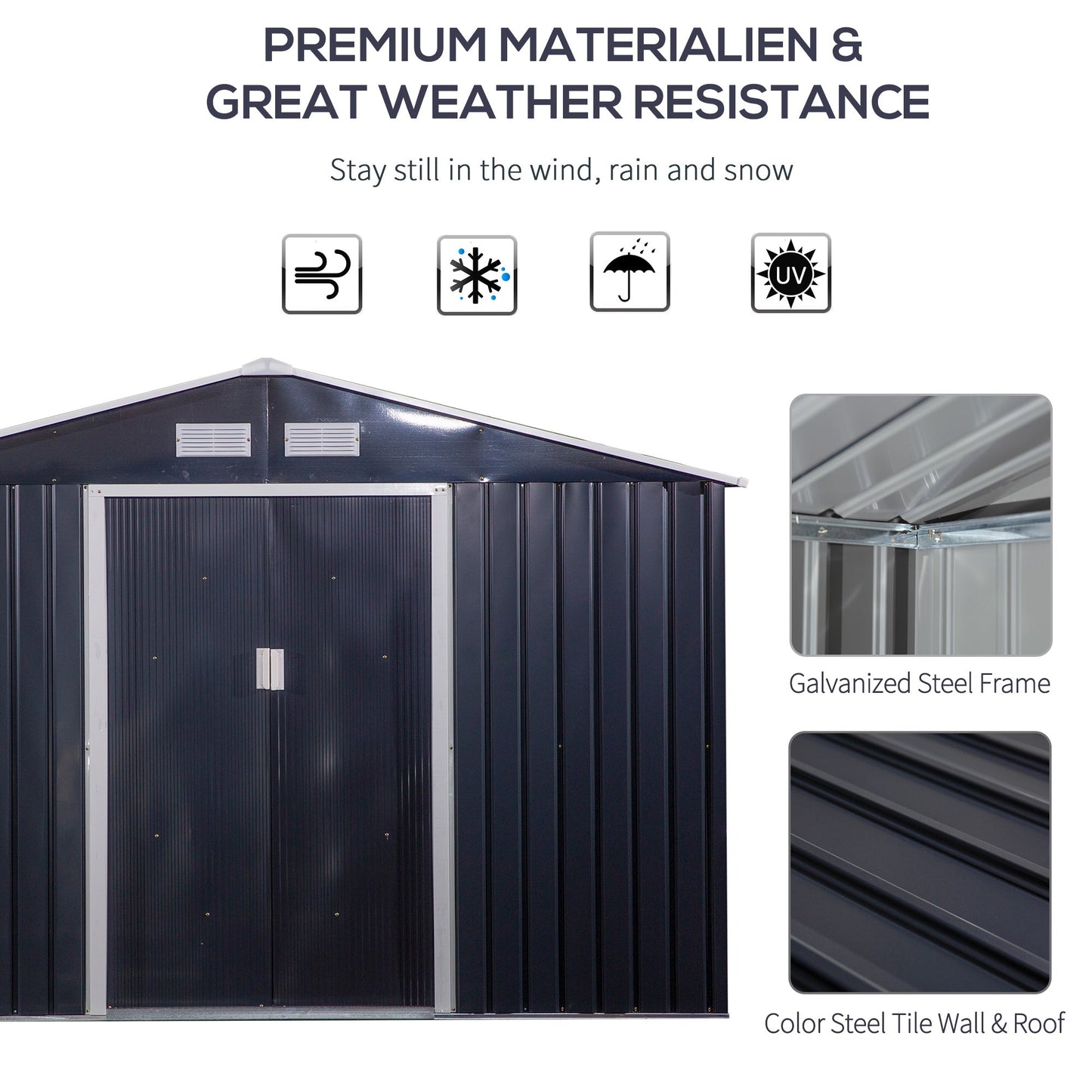9' x 11' Garden Storage Shed with Foundation Kit, Metal Tool Storage House with Double Doors for Outdoor Patio Yard, Dark Grey