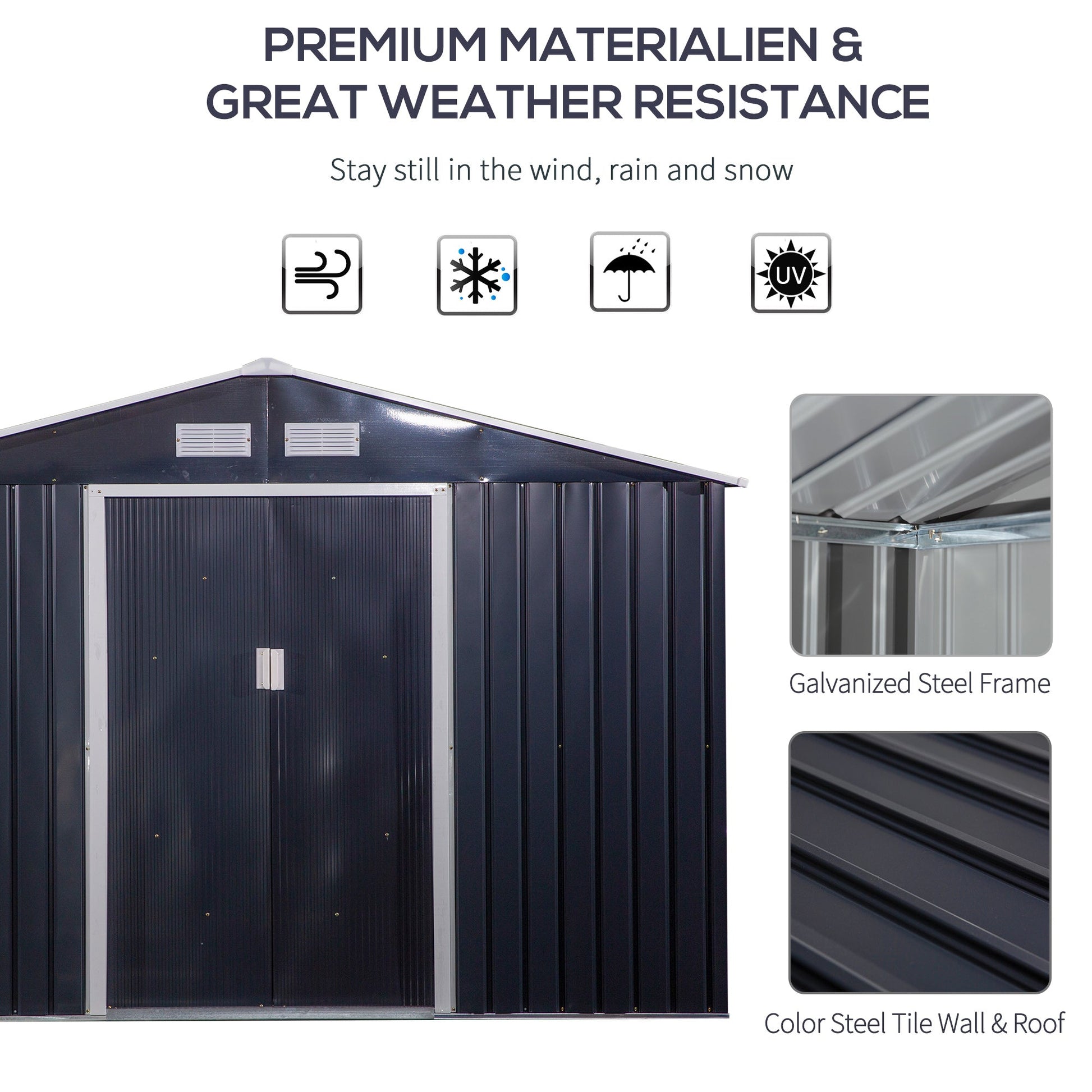 9' x 11' Garden Storage Shed with Foundation Kit, Metal Tool Storage House with Double Doors for Outdoor Patio Yard, Dark Grey