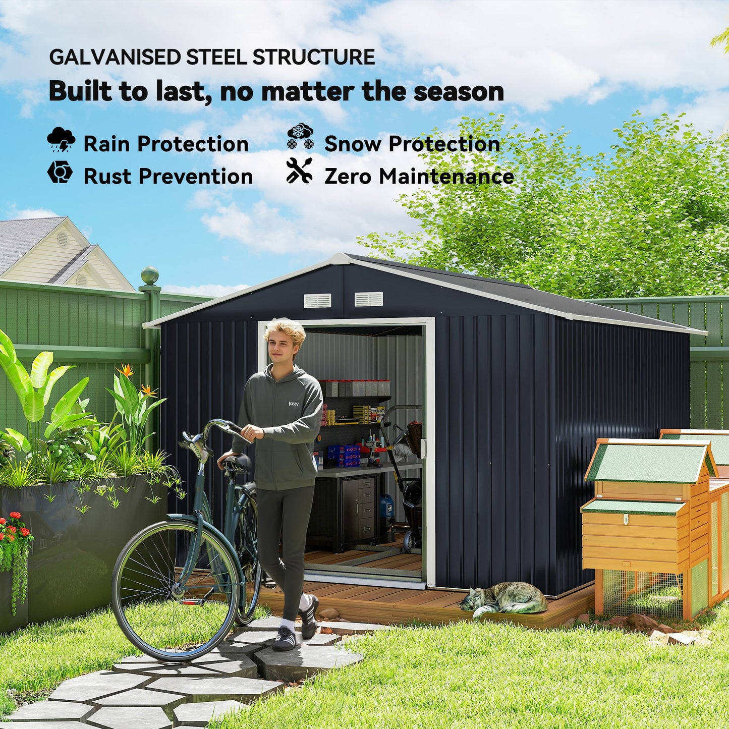 9' x 11' Garden Storage Shed with Foundation Kit, Metal Tool Storage House with Double Doors for Outdoor Patio Yard, Dark Grey