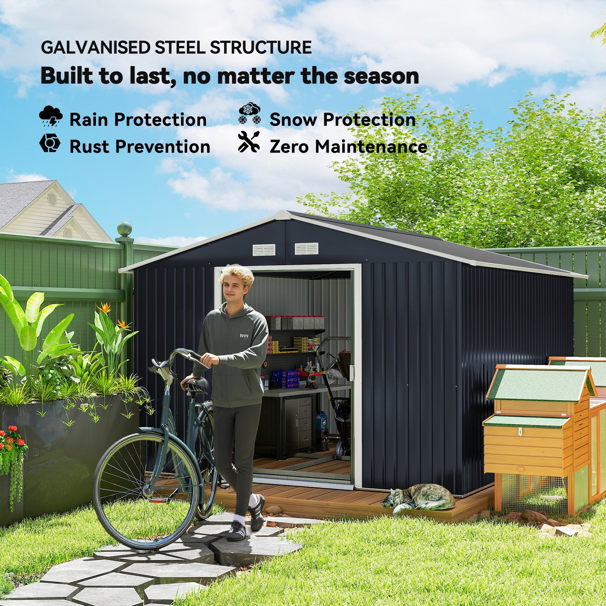 9' x 11' Garden Storage Shed with Foundation Kit, Metal Tool Storage House with Double Doors for Outdoor Patio Yard, Dark Grey