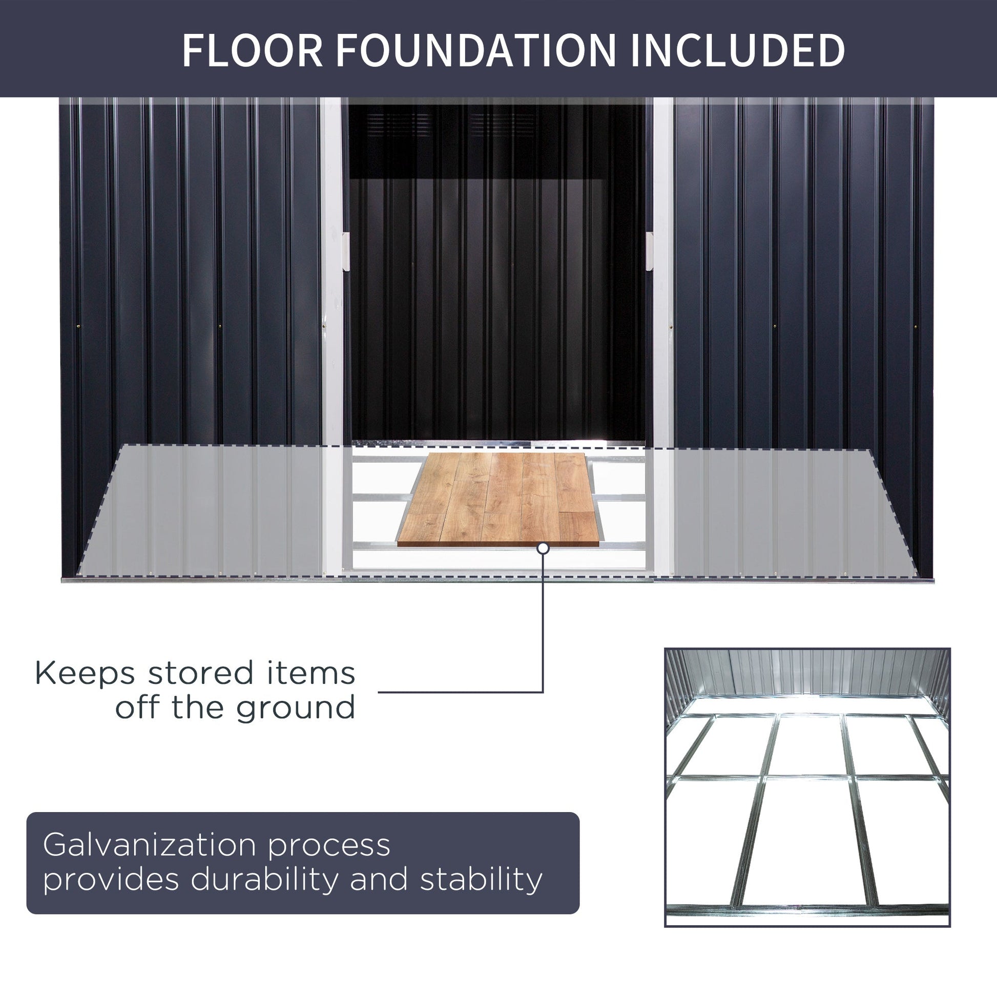 9' x 11' Garden Storage Shed with Foundation Kit, Metal Tool Storage House with Double Doors for Outdoor Patio Yard, Dark Grey