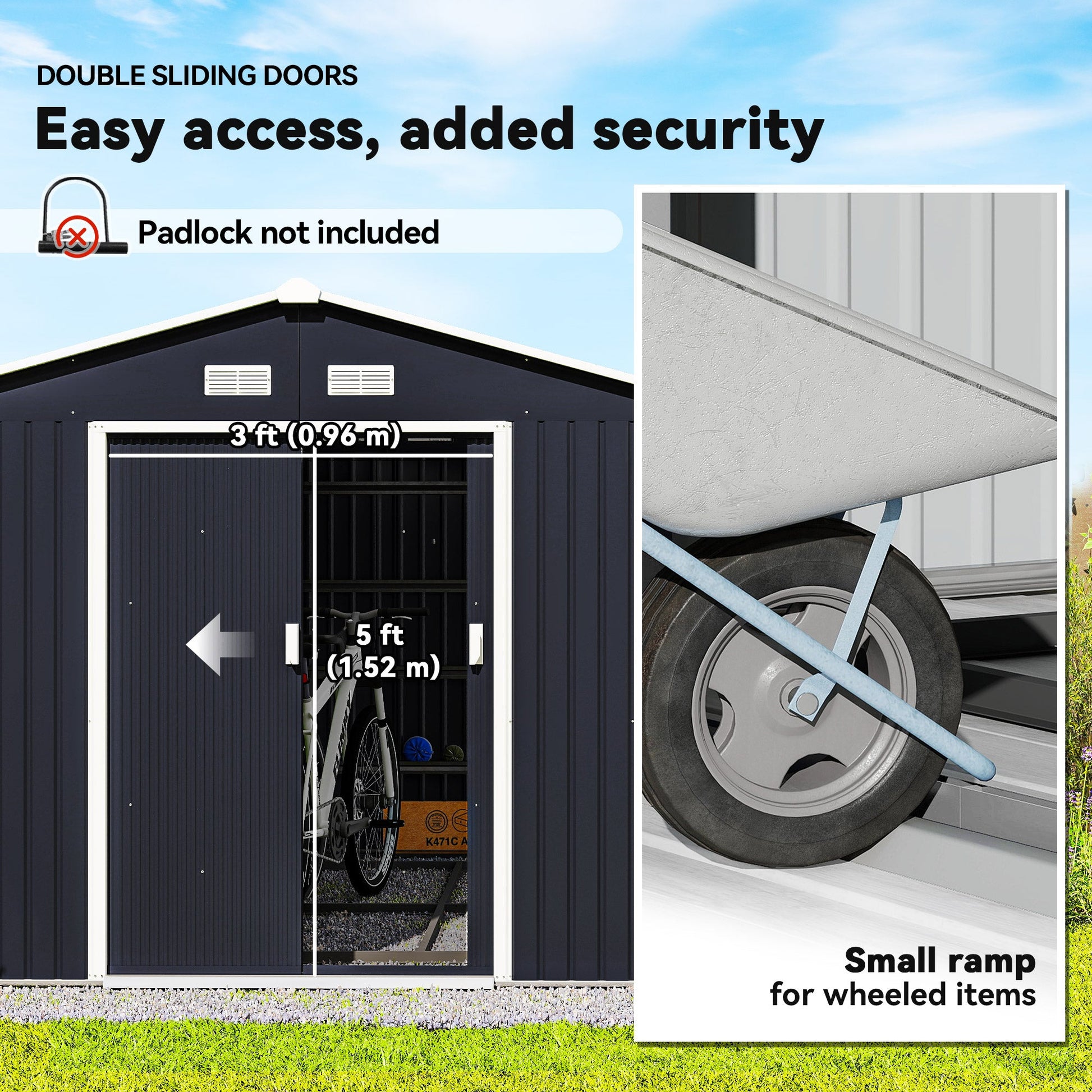9' x 11' Garden Storage Shed with Foundation Kit, Metal Tool Storage House with Double Doors for Outdoor Patio Yard, Dark Grey