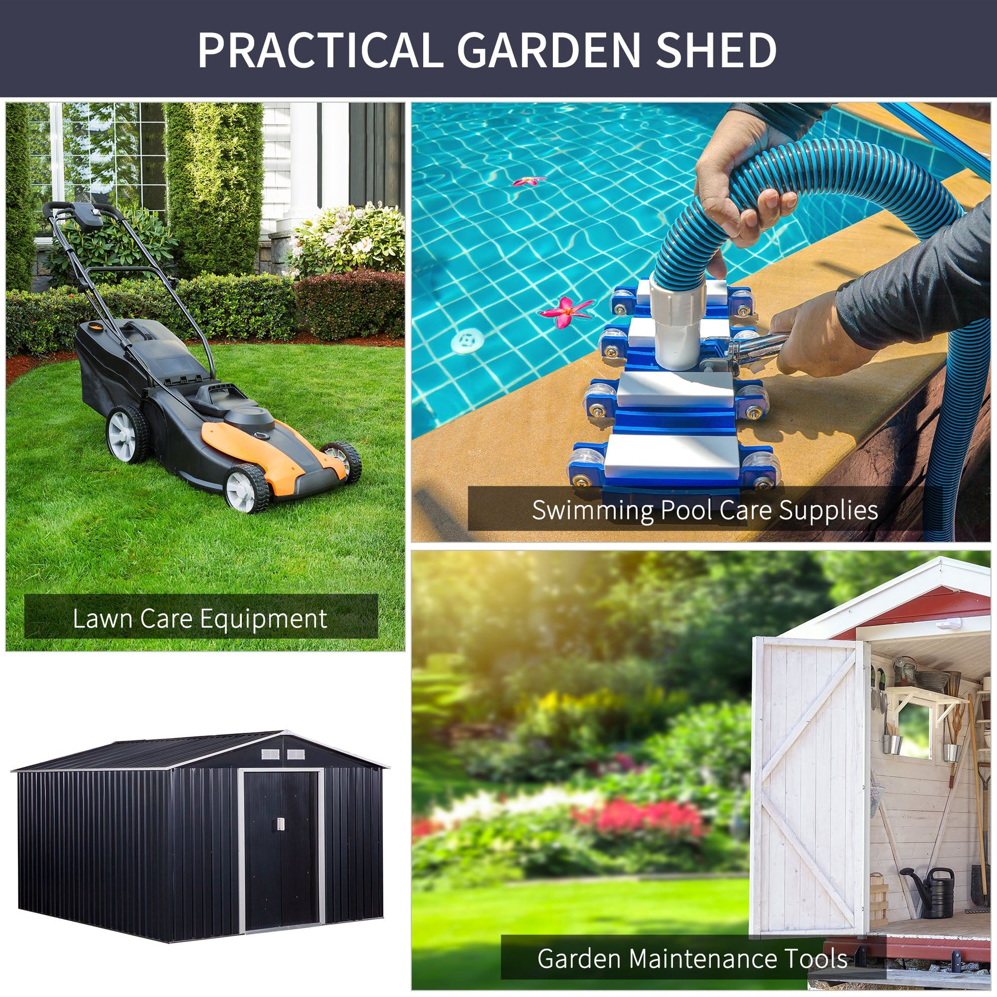 9' x 11' Garden Storage Shed with Foundation Kit, Metal Tool Storage House with Double Doors for Outdoor Patio Yard, Dark Grey