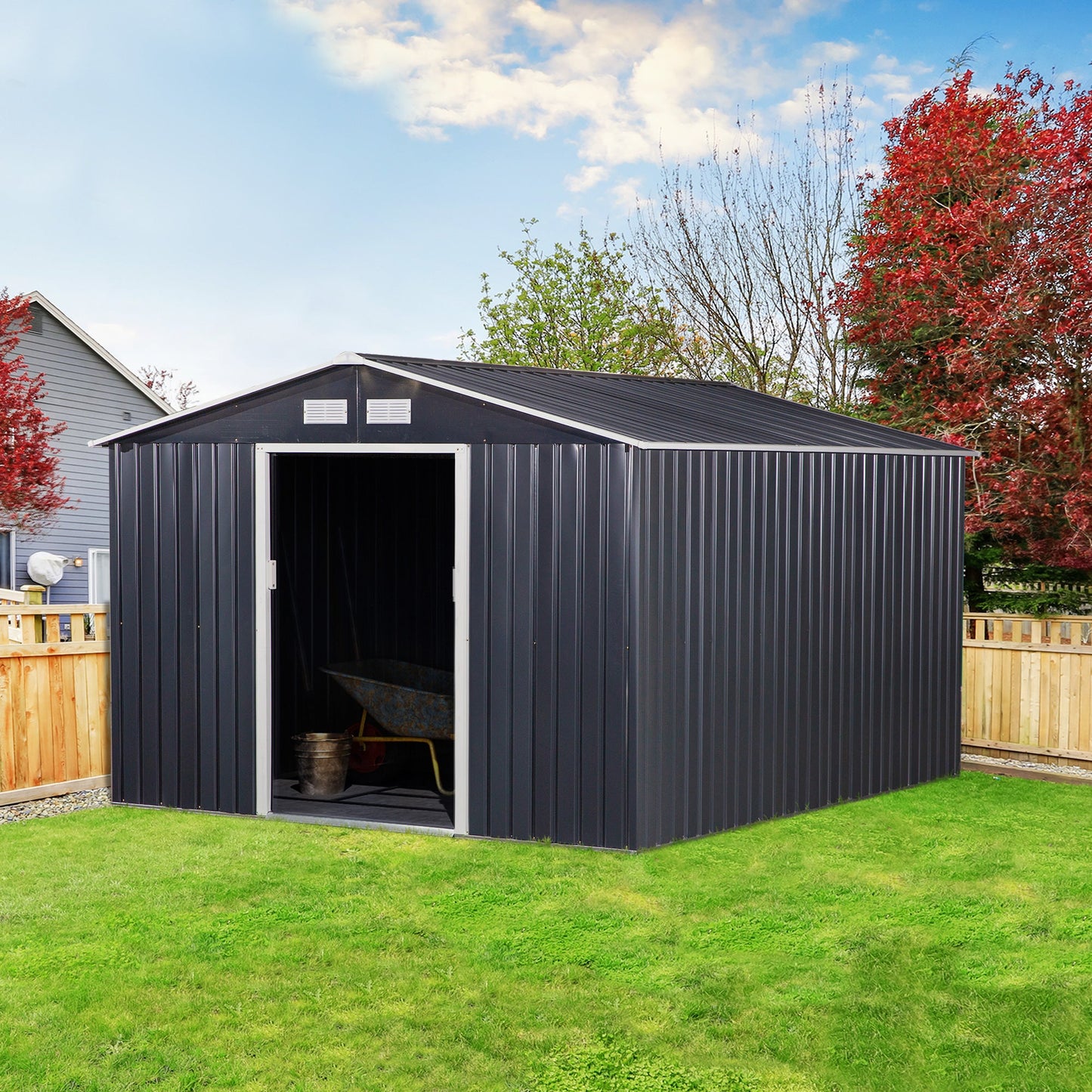 9' x 11' Garden Storage Shed with Foundation Kit, Metal Tool Storage House with Double Doors for Outdoor Patio Yard, Dark Grey