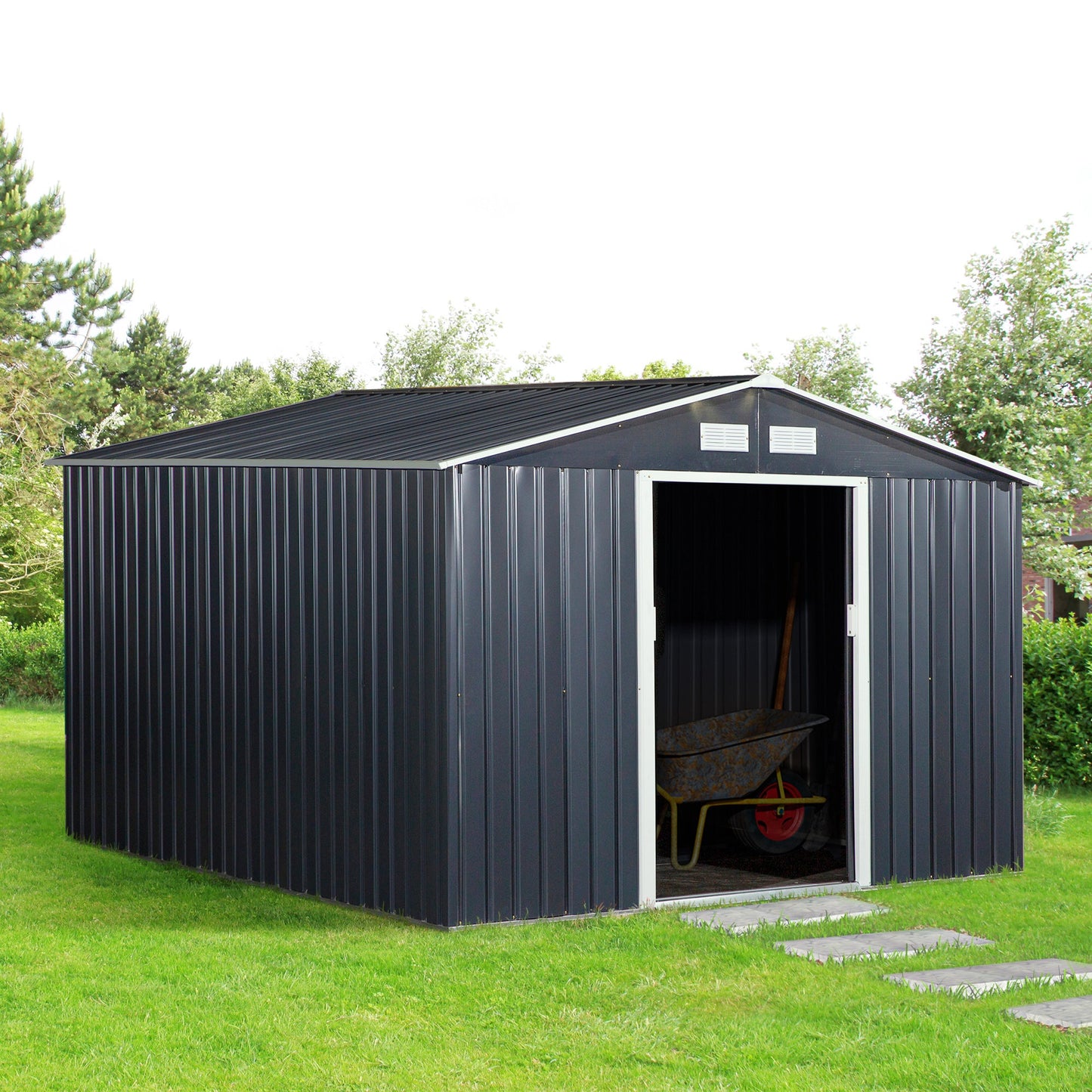9' x 11' Garden Storage Shed with Foundation Kit, Metal Tool Storage House with Double Doors for Outdoor Patio Yard, Dark Grey