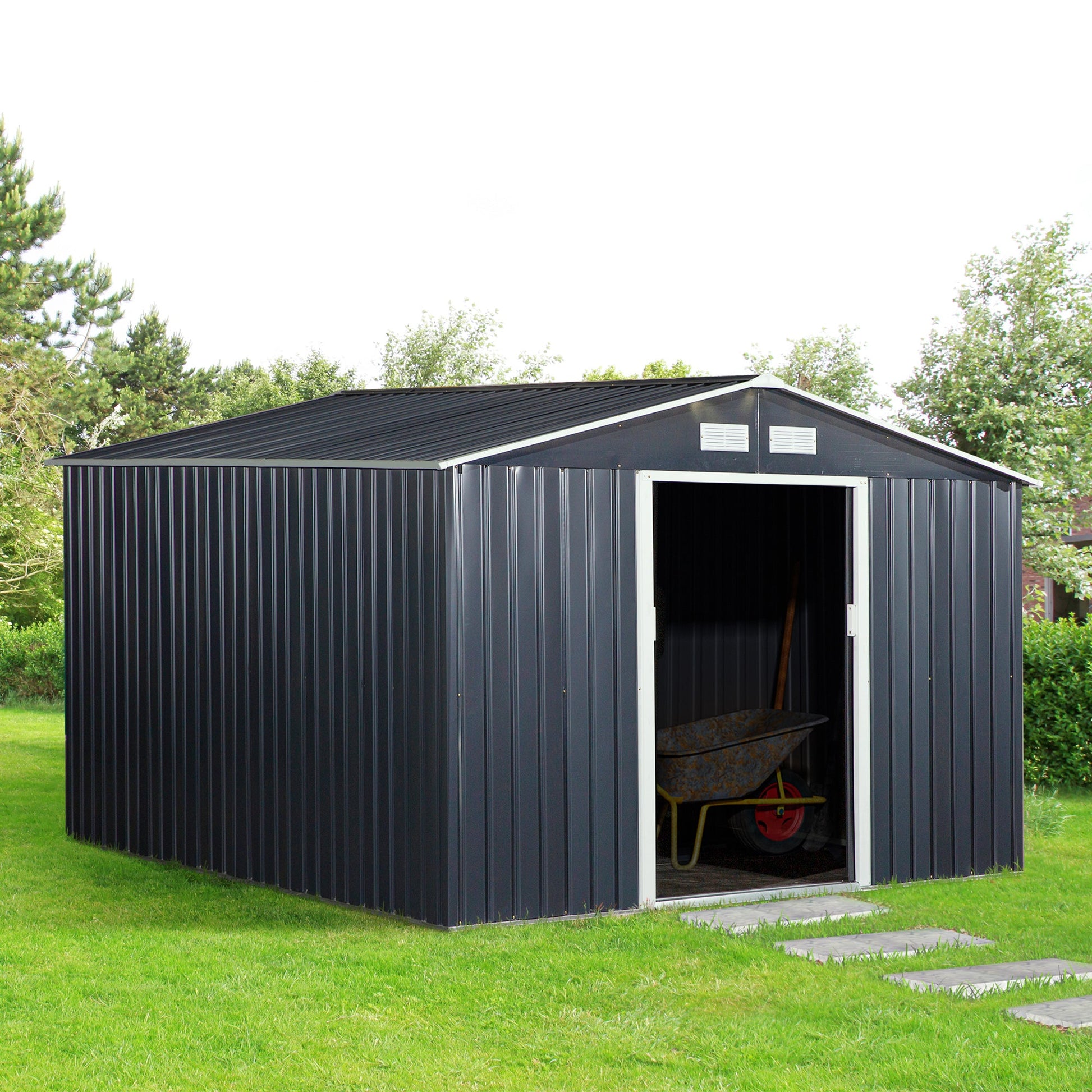 9' x 11' Garden Storage Shed with Foundation Kit, Metal Tool Storage House with Double Doors for Outdoor Patio Yard, Dark Grey