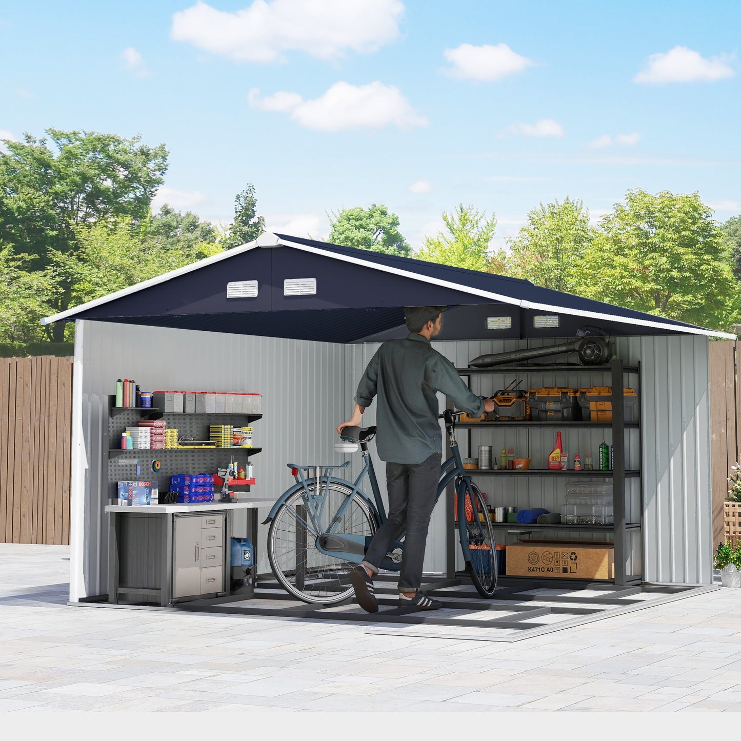 9' x 11' Garden Storage Shed with Foundation Kit, Metal Tool Storage House with Double Doors for Outdoor Patio Yard, Dark Grey