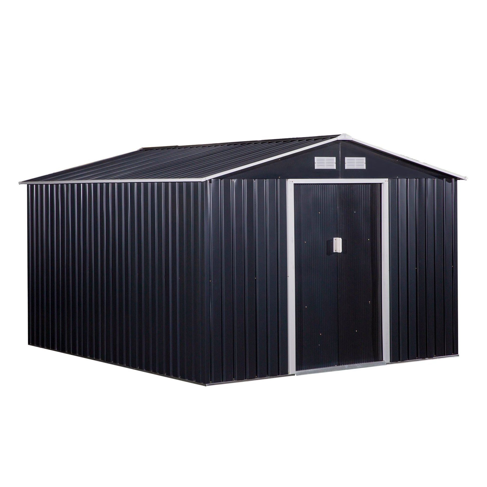 9' x 11' Garden Storage Shed with Foundation Kit, Metal Tool Storage House with Double Doors for Outdoor Patio Yard, Dark Grey