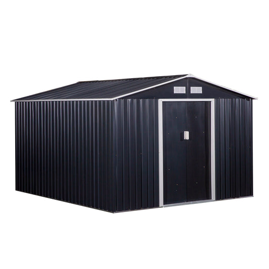 9' x 11' Garden Storage Shed with Foundation Kit, Metal Tool Storage House with Double Doors for Outdoor Patio Yard, Dark Grey