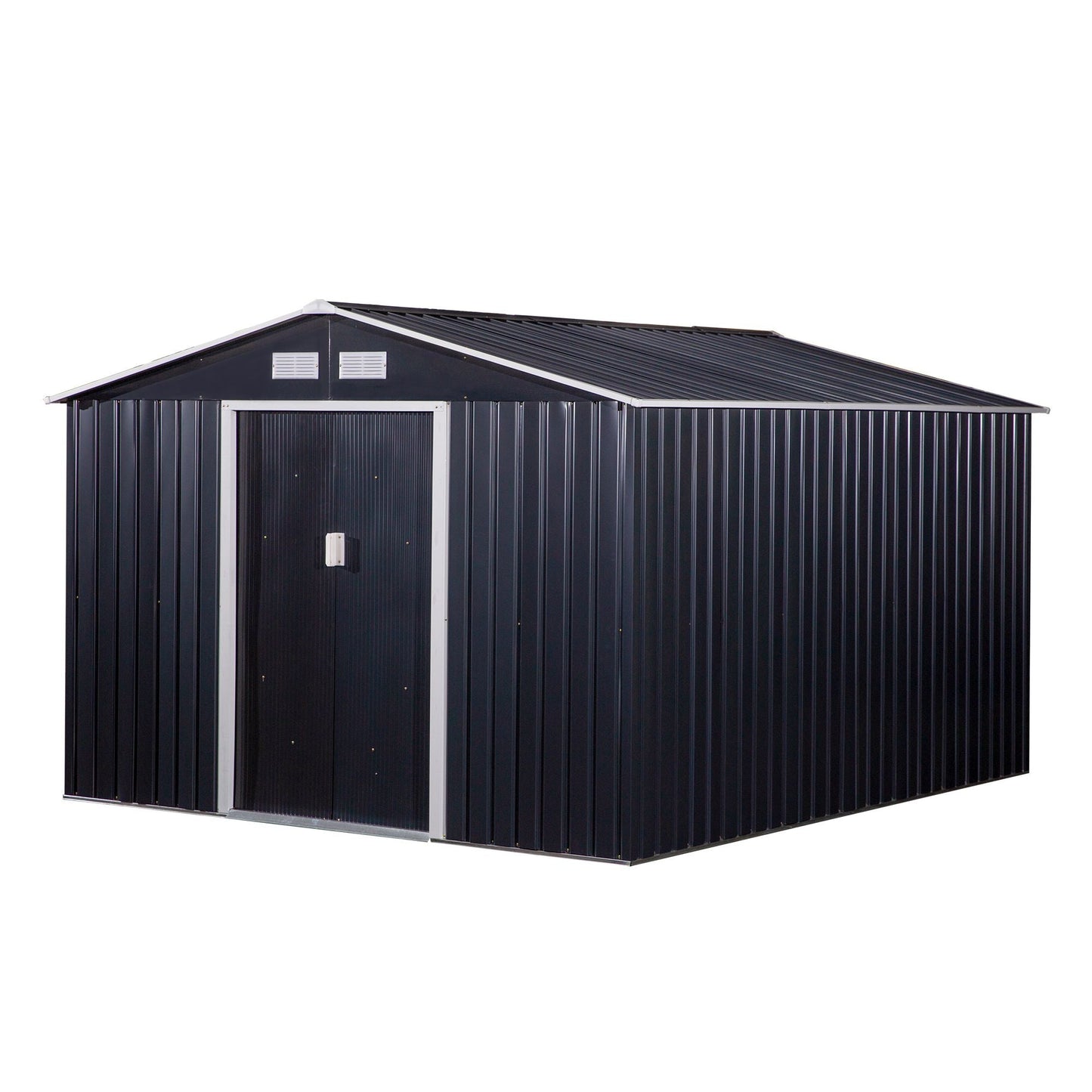 9' x 11' Garden Storage Shed with Foundation Kit, Metal Tool Storage House with Double Doors for Outdoor Patio Yard, Dark Grey