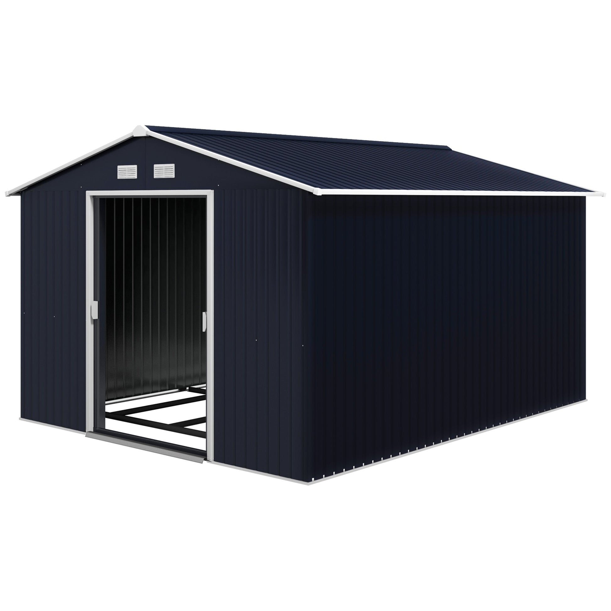 9' x 11' Garden Storage Shed with Foundation Kit, Metal Tool Storage House with Double Doors for Outdoor Patio Yard, Dark Grey