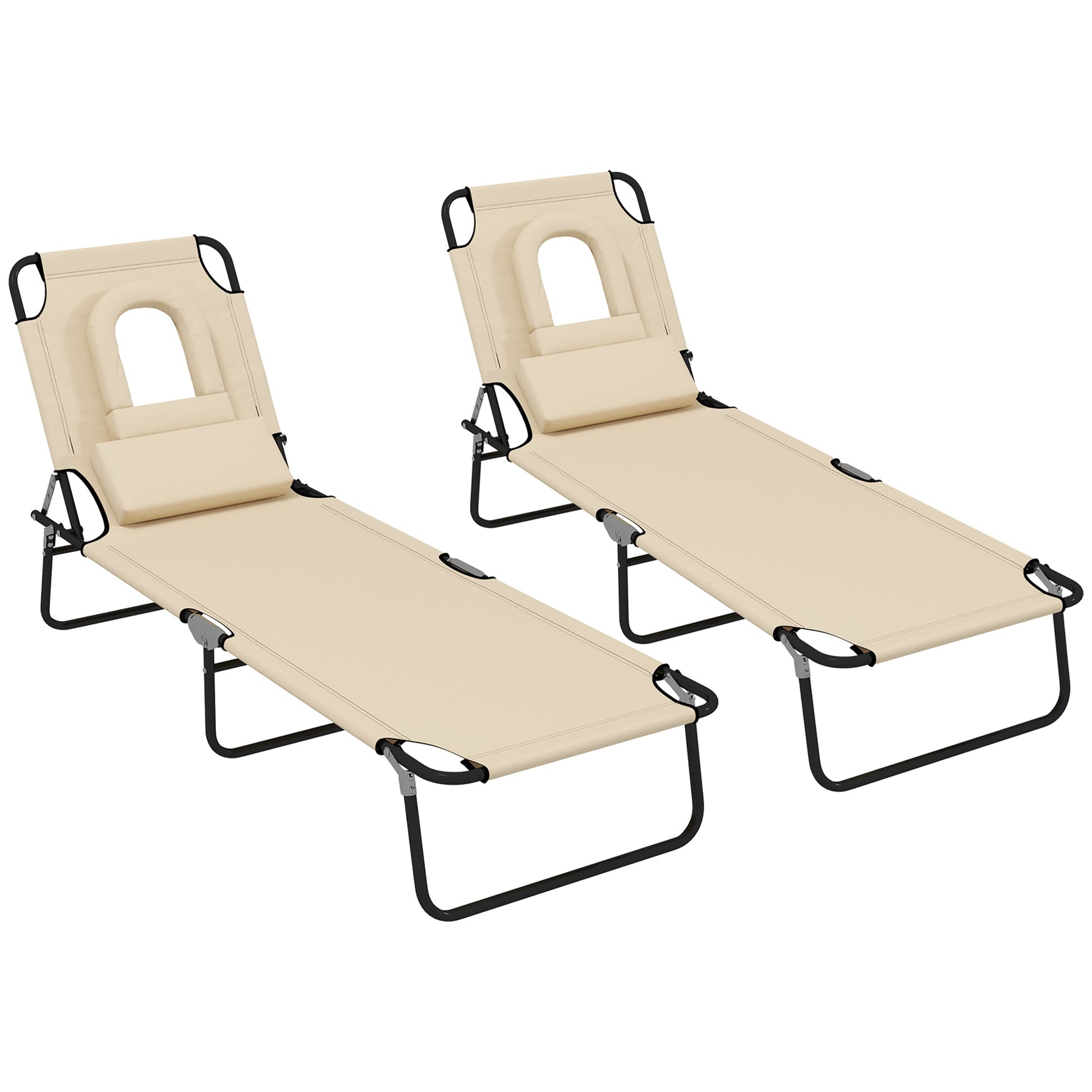 2PCS Adjustable Outdoor Lounge Chair, Garden Folding Chaise Lounge with Face Hole Reclining Tanning Chair Seat, Folding Camping Beach Lounging Bed w/ Head Support, Beige
