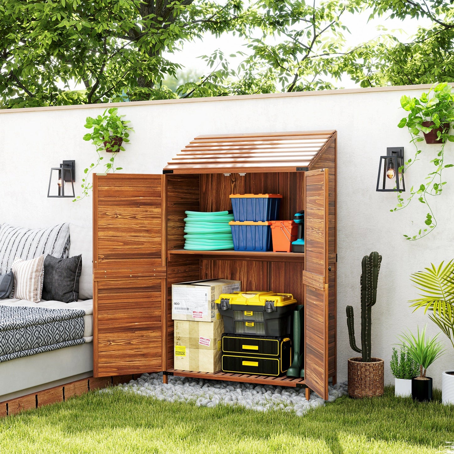 Outdoor Storage Cabinet, 5.7ft Tall Lean to Wooden Garden Storage Shed with Double Doors and Shelves, Patio Tool Shed for Porch Deck, Mixed-Brown