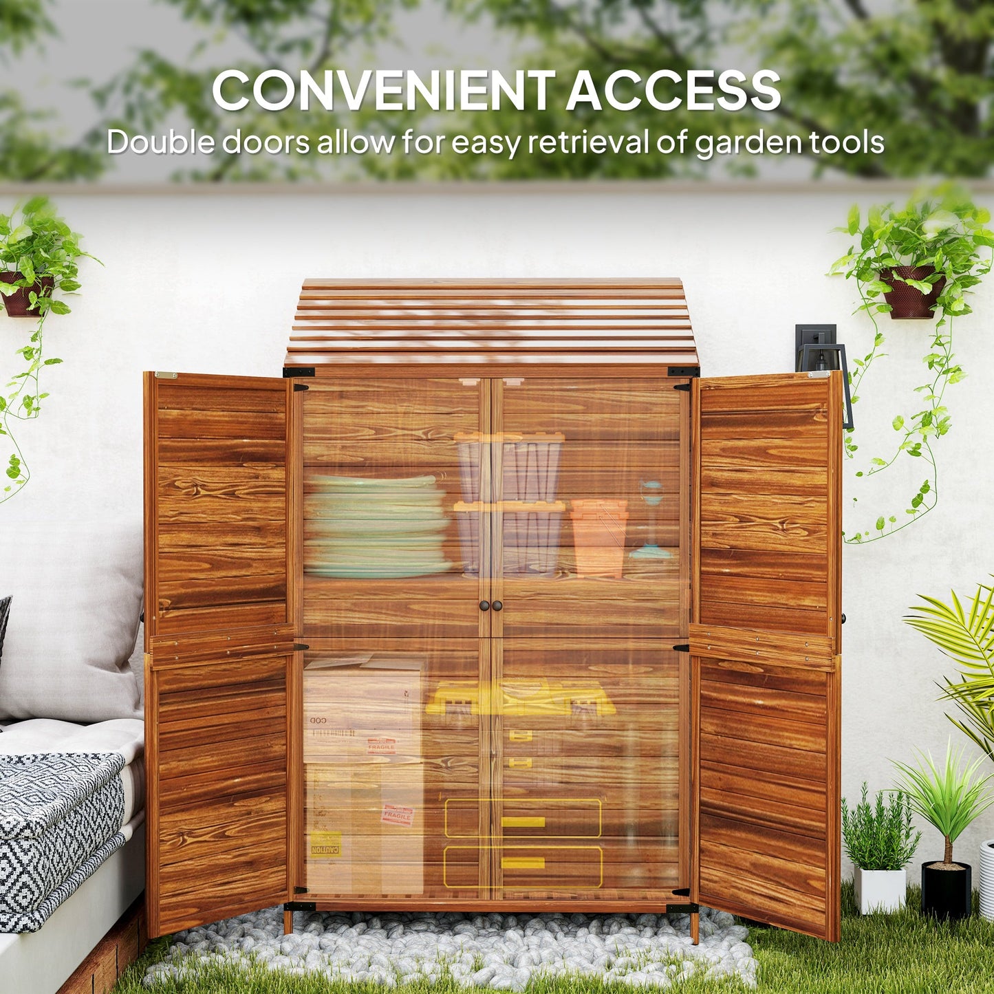 Outdoor Storage Cabinet, 5.7ft Tall Lean to Wooden Garden Storage Shed with Double Doors and Shelves, Patio Tool Shed for Porch Deck, Mixed-Brown