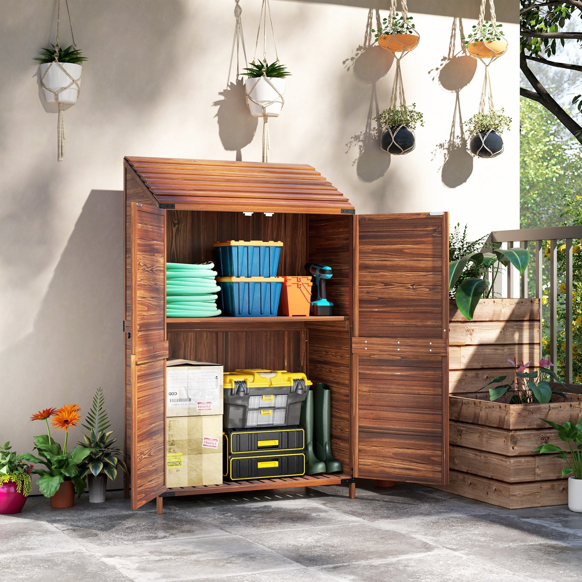 Outdoor Storage Cabinet, 5.7ft Tall Lean to Wooden Garden Storage Shed with Double Doors and Shelves, Patio Tool Shed for Porch Deck, Mixed-Brown