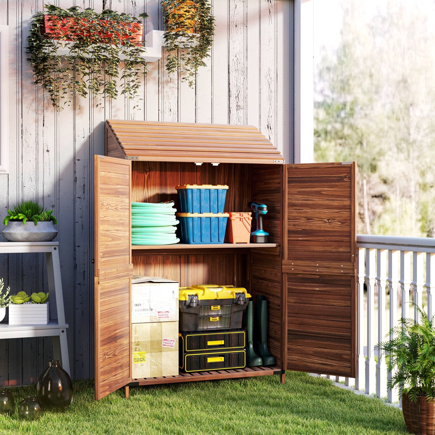 Outdoor Storage Cabinet, 5.7ft Tall Lean to Wooden Garden Storage Shed with Double Doors and Shelves, Patio Tool Shed for Porch Deck, Mixed-Brown
