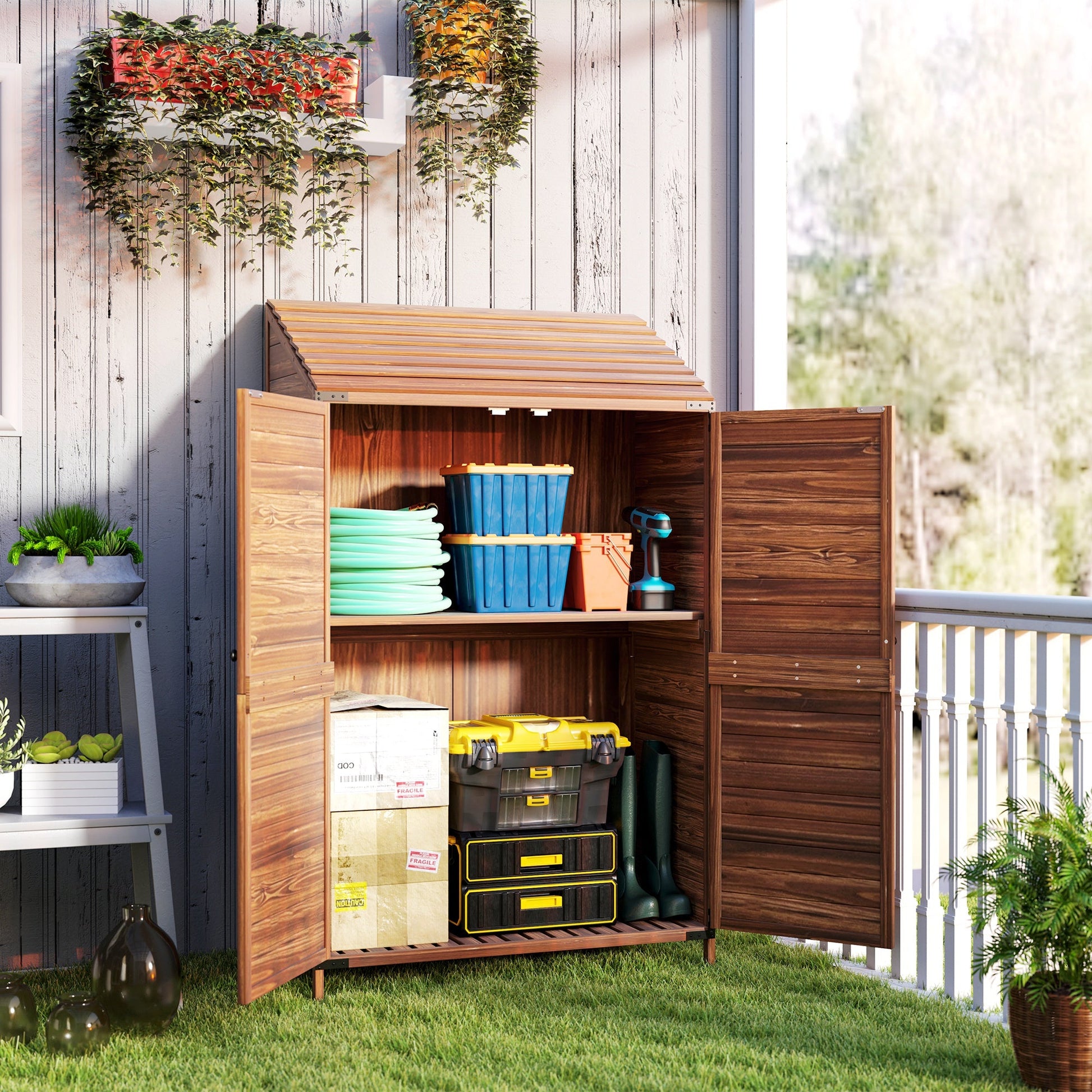 Outdoor Storage Cabinet, 5.7ft Tall Lean to Wooden Garden Storage Shed with Double Doors and Shelves, Patio Tool Shed for Porch Deck, Mixed-Brown