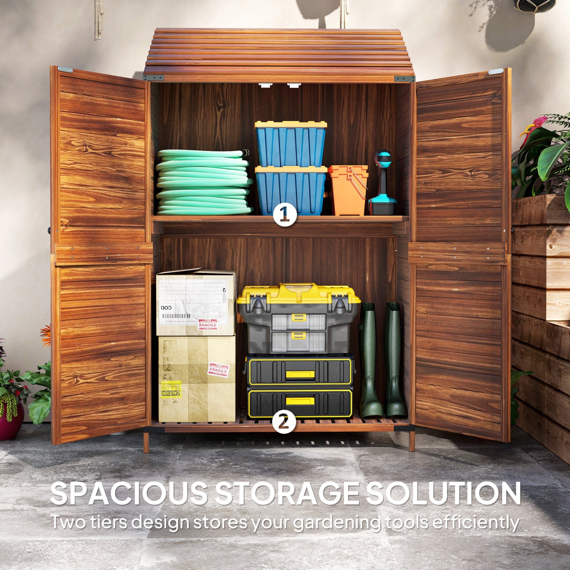 Outdoor Storage Cabinet, 5.7ft Tall Lean to Wooden Garden Storage Shed with Double Doors and Shelves, Patio Tool Shed for Porch Deck, Mixed-Brown