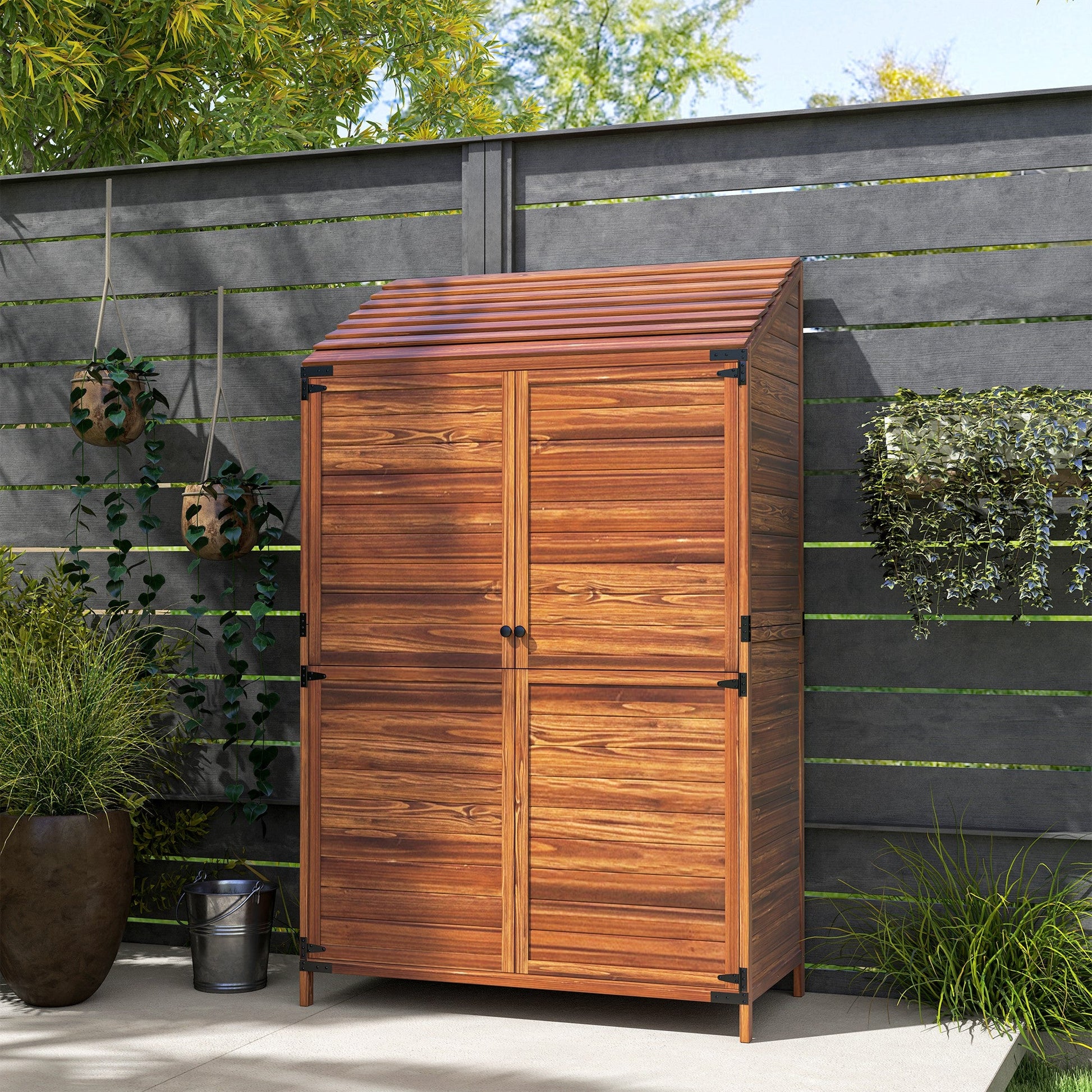 Outdoor Storage Cabinet, 5.7ft Tall Lean to Wooden Garden Storage Shed with Double Doors and Shelves, Patio Tool Shed for Porch Deck, Mixed-Brown