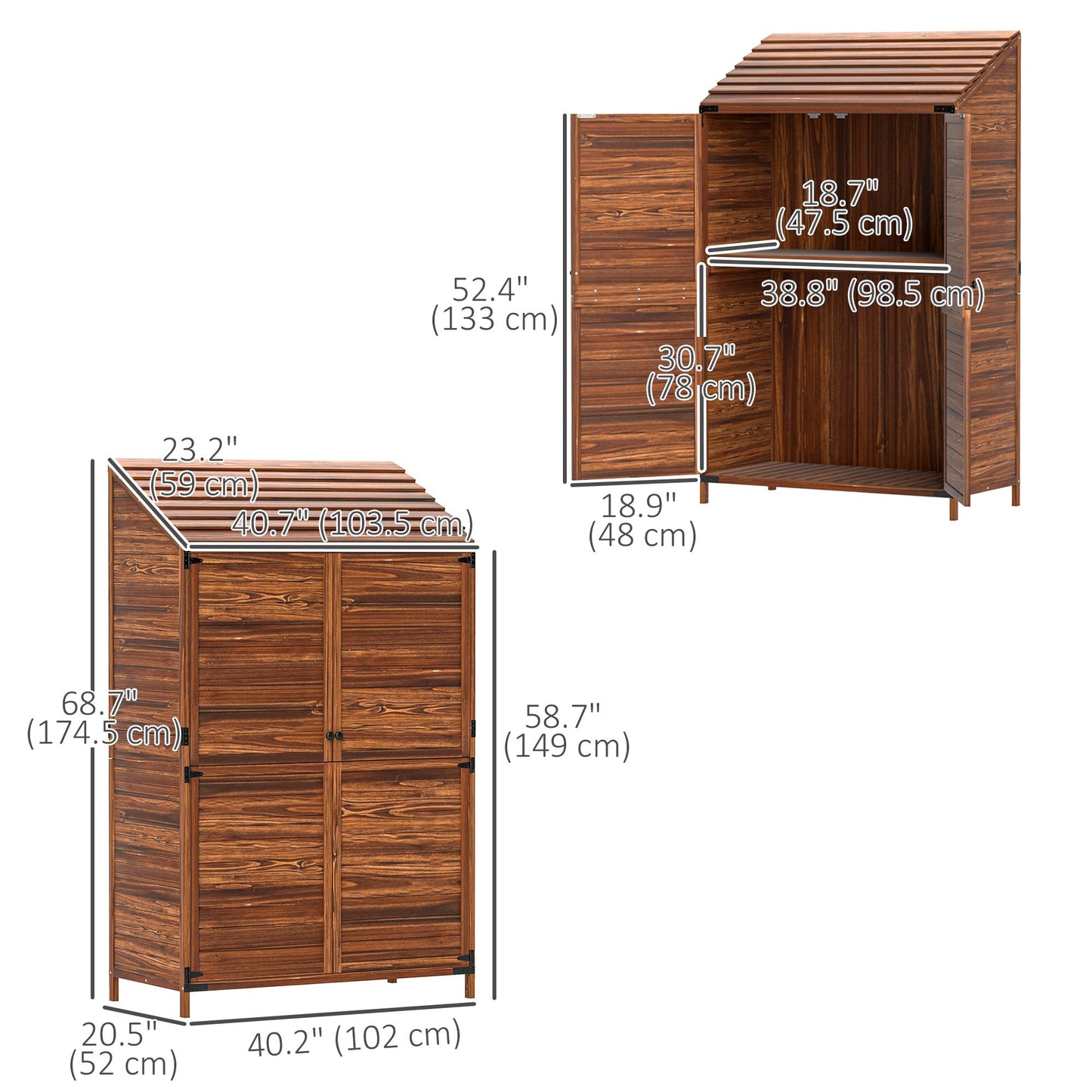 Outdoor Storage Cabinet, 5.7ft Tall Lean to Wooden Garden Storage Shed with Double Doors and Shelves, Patio Tool Shed for Porch Deck, Mixed-Brown