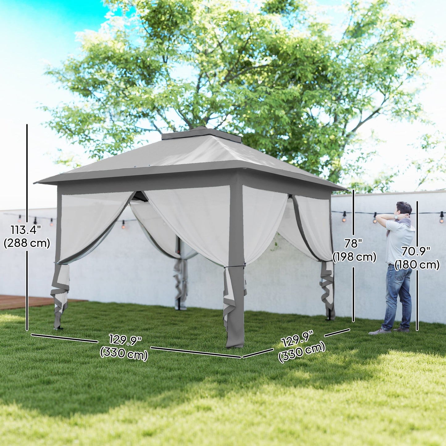 11' x 11' Pop Up Canopy, Double Roof Foldable Canopy Tent with Zipper Mesh Sidewalls, Height Adjustable and Carrying Bag, Event Tent for Patio Garden Backyard, Light Grey