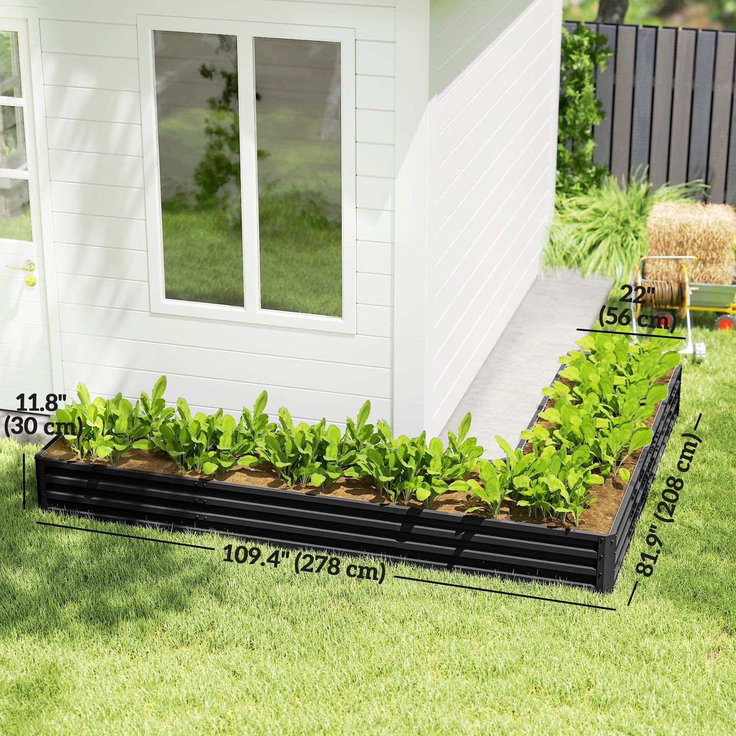L-Shaped Raised Garden Bed, 82" x 109" x 12" Galvanized Steel Planter Box with Multi-reinforced Rods for Vegetables, Flowers and Herbs, Black