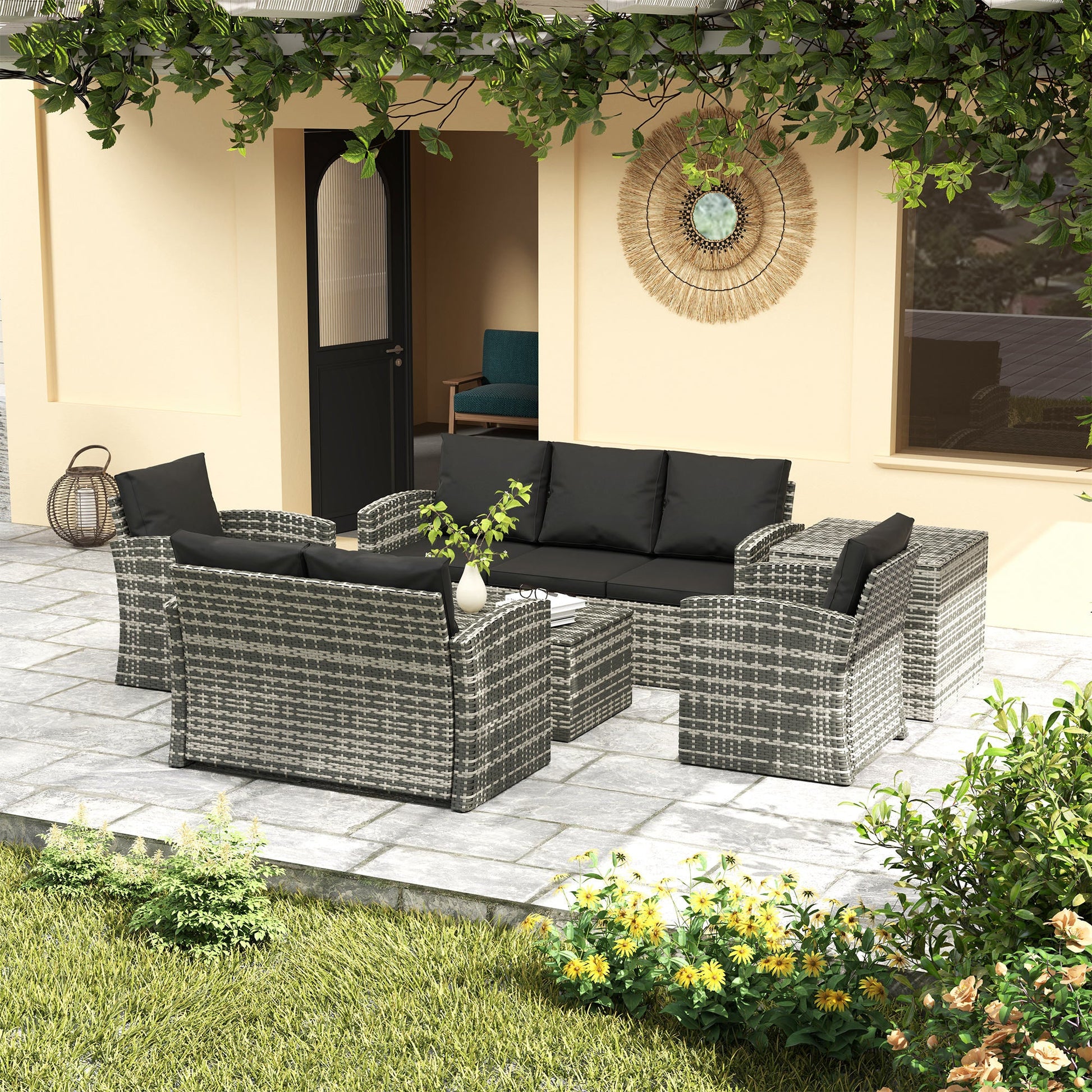 6 Pieces Wicker Patio Furniture Set with Cushions, 7-Seater Rattan Patio Sofa Set with Storage Coffee Table & Side Table, Sectional Outdoor Furniture Set, Black