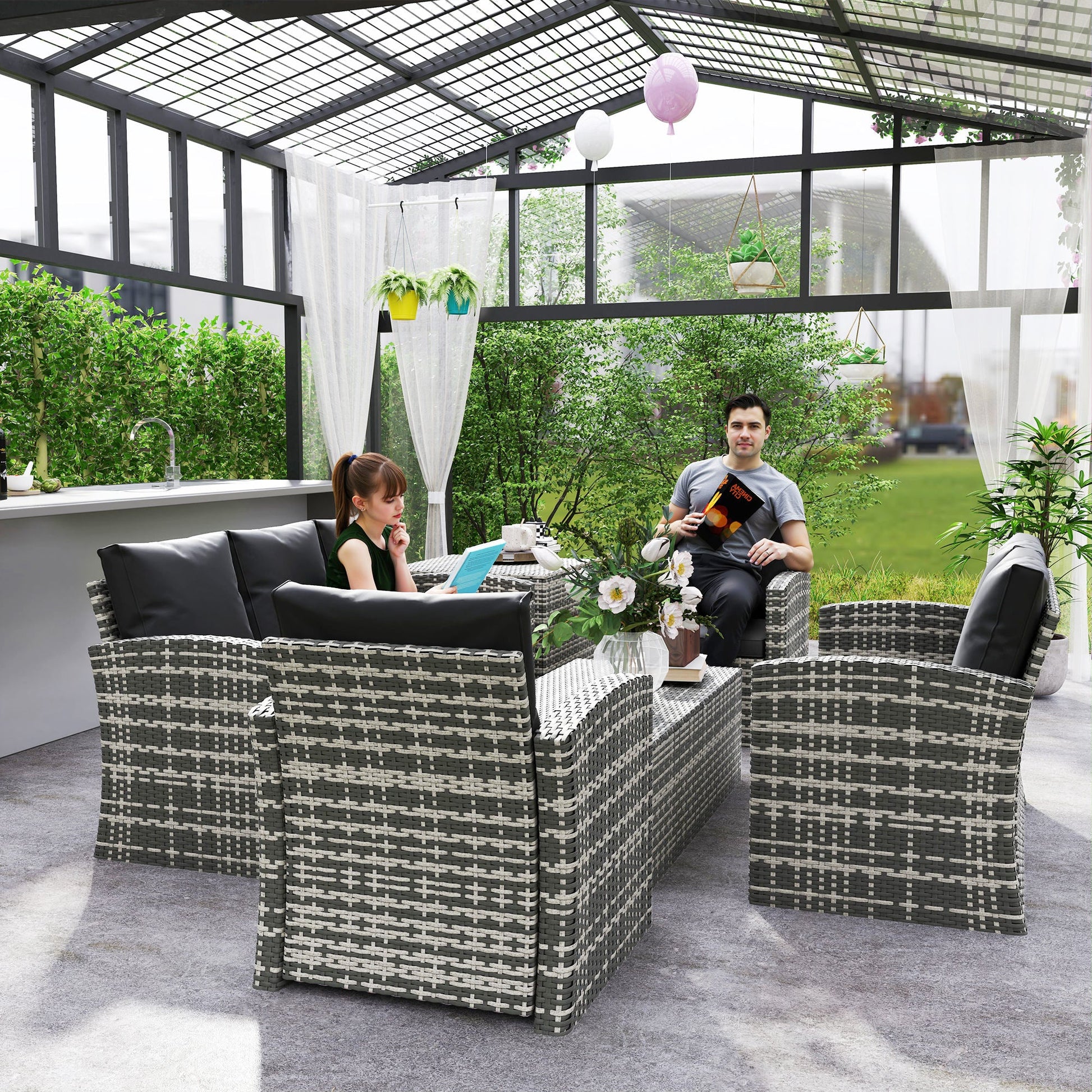 6 Pieces Wicker Patio Furniture Set with Cushions, 7-Seater Rattan Patio Sofa Set with Storage Coffee Table & Side Table, Sectional Outdoor Furniture Set, Black