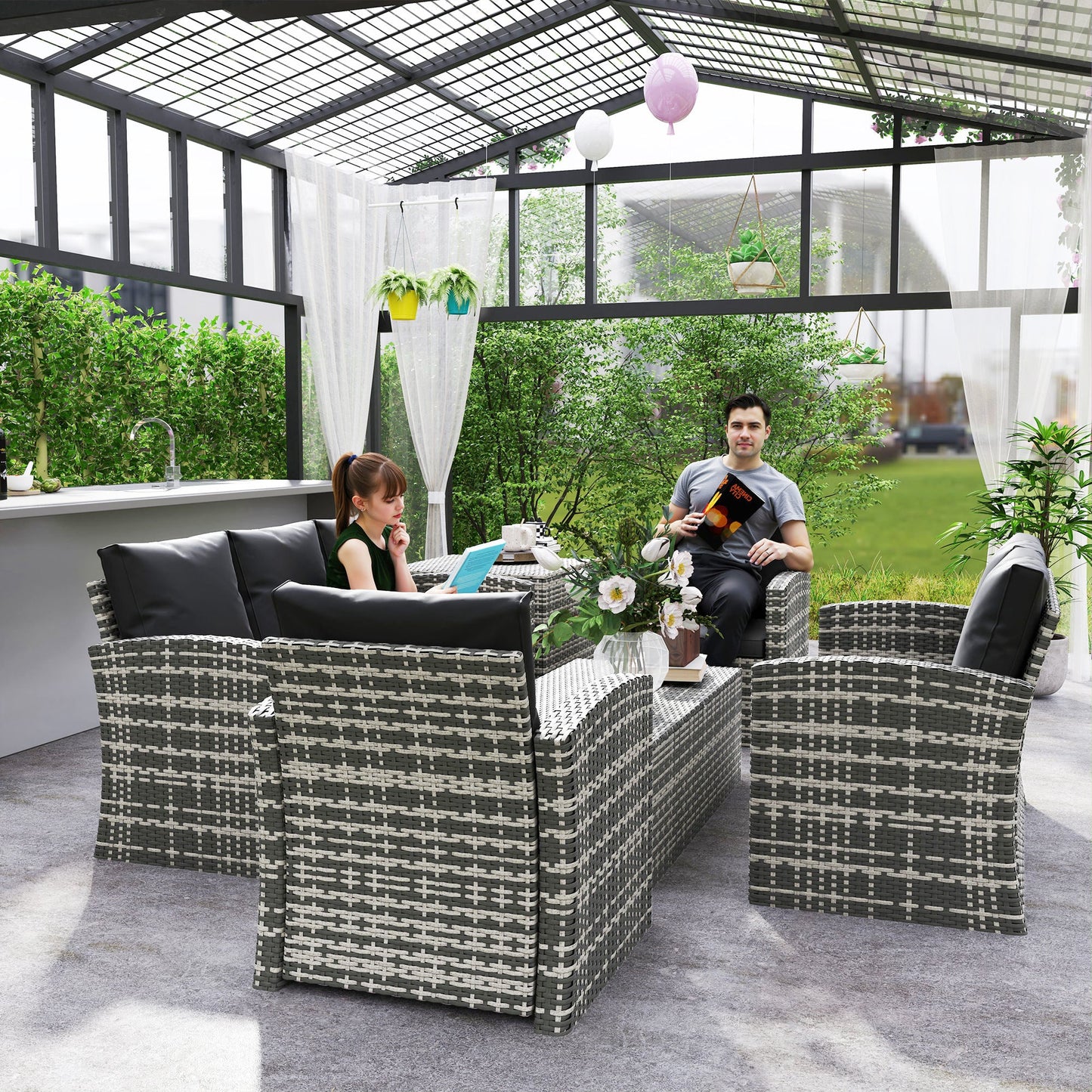 6 Pieces Wicker Patio Furniture Set with Cushions, 7-Seater Rattan Patio Sofa Set with Storage Coffee Table & Side Table, Sectional Outdoor Furniture Set, Black