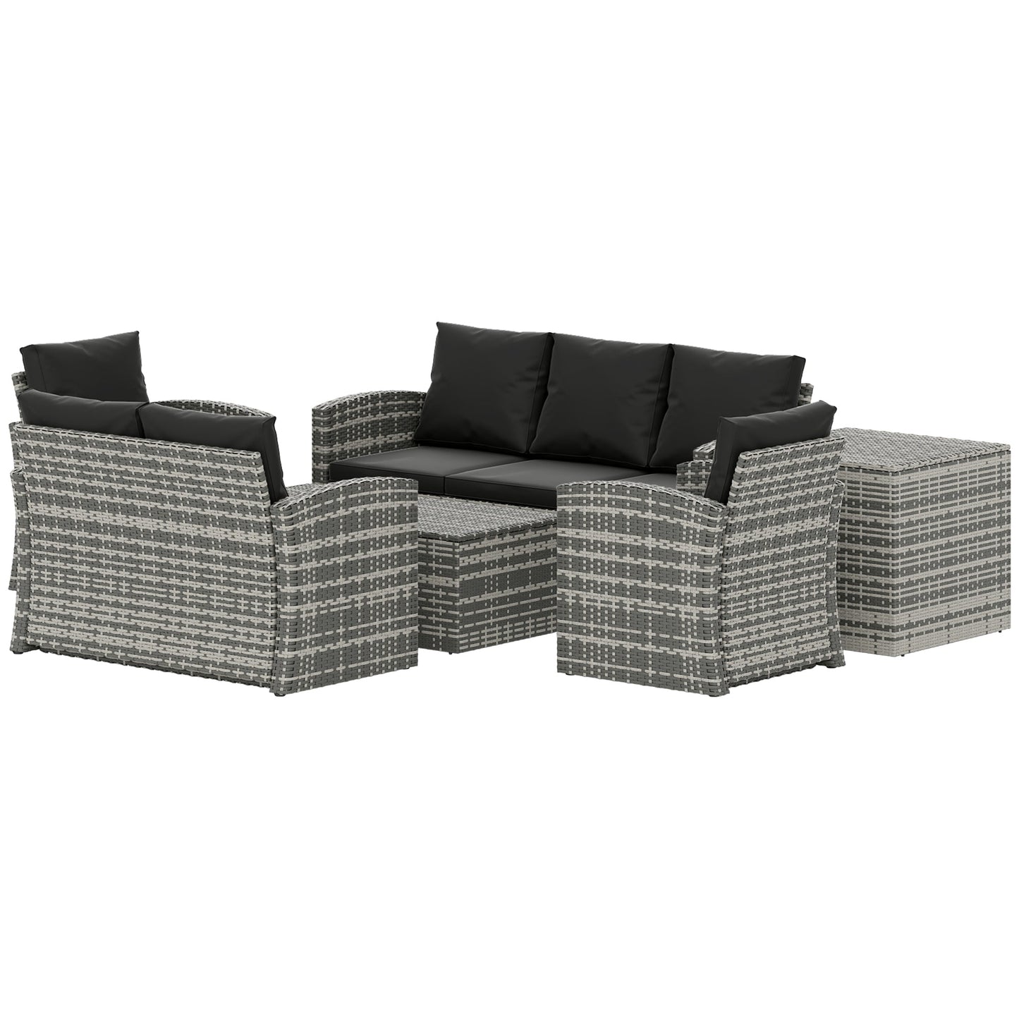 6 Pieces Wicker Patio Furniture Set with Cushions, 7-Seater Rattan Patio Sofa Set with Storage Coffee Table & Side Table, Sectional Outdoor Furniture Set, Black