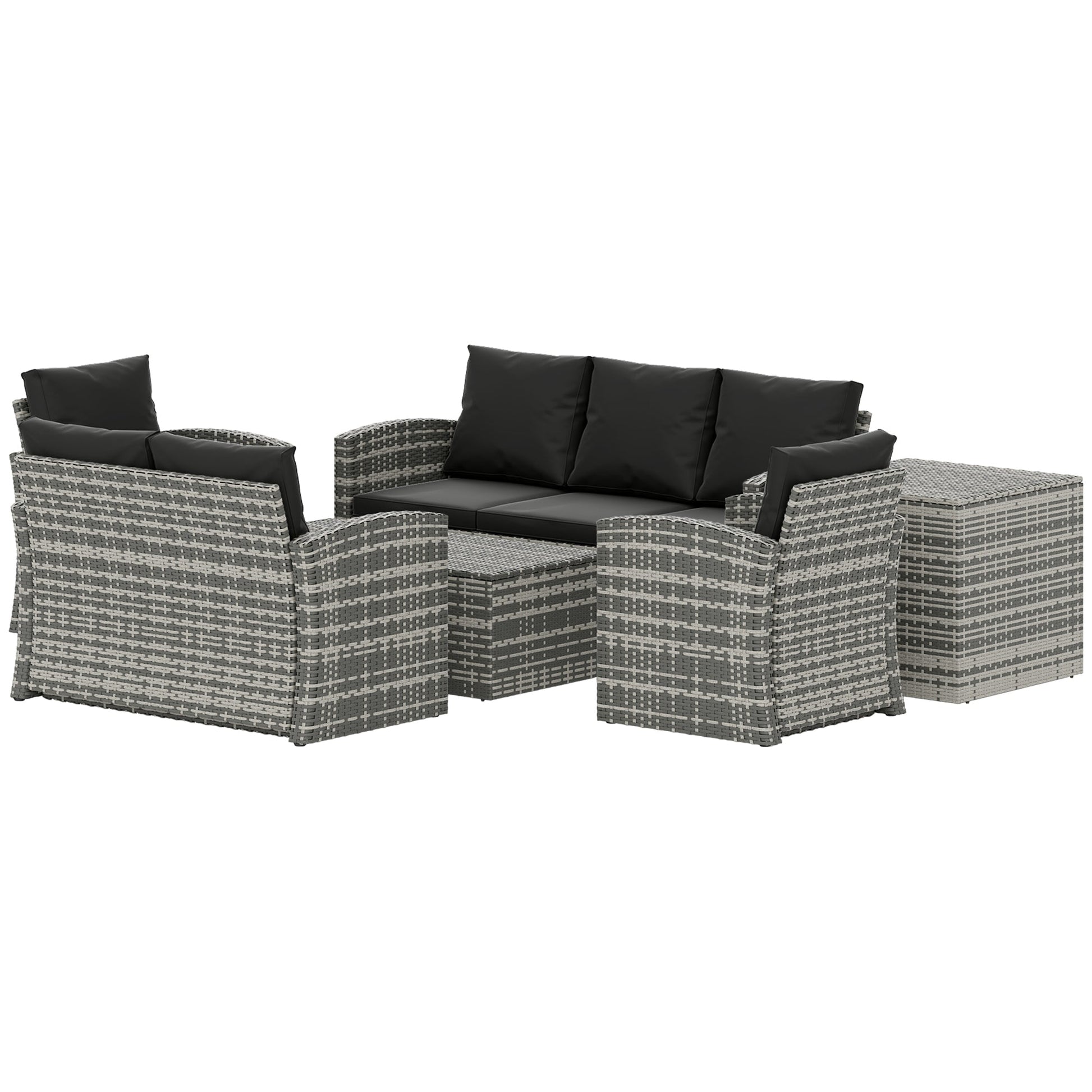 6 Pieces Wicker Patio Furniture Set with Cushions, 7-Seater Rattan Patio Sofa Set with Storage Coffee Table & Side Table, Sectional Outdoor Furniture Set, Black