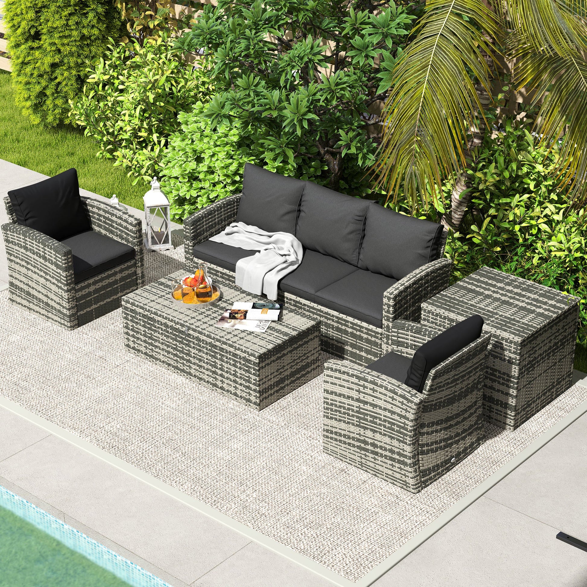 6 Pieces Wicker Patio Furniture Set with Cushions, 7-Seater Rattan Patio Sofa Set with Storage Coffee Table & Side Table, Sectional Outdoor Furniture Set, Black