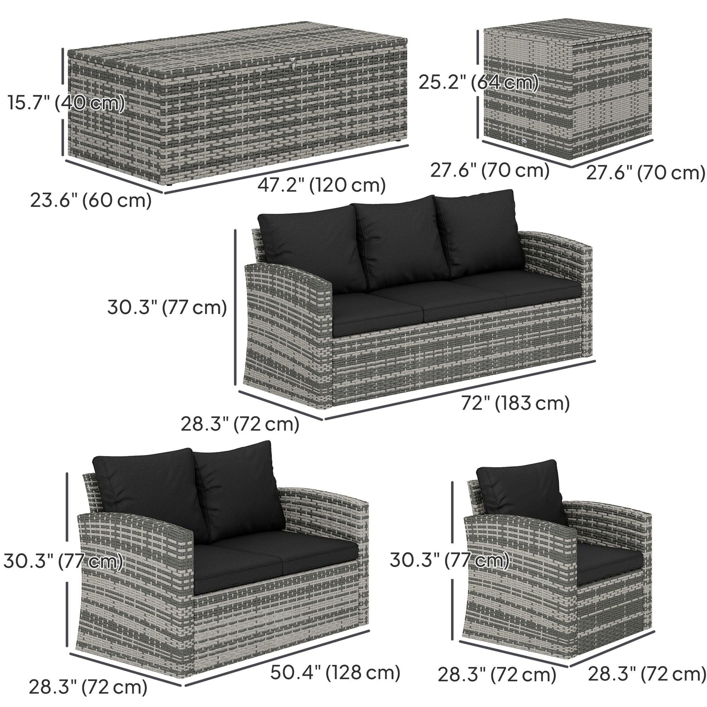 6 Pieces Wicker Patio Furniture Set with Cushions, 7-Seater Rattan Patio Sofa Set with Storage Coffee Table & Side Table, Sectional Outdoor Furniture Set, Black
