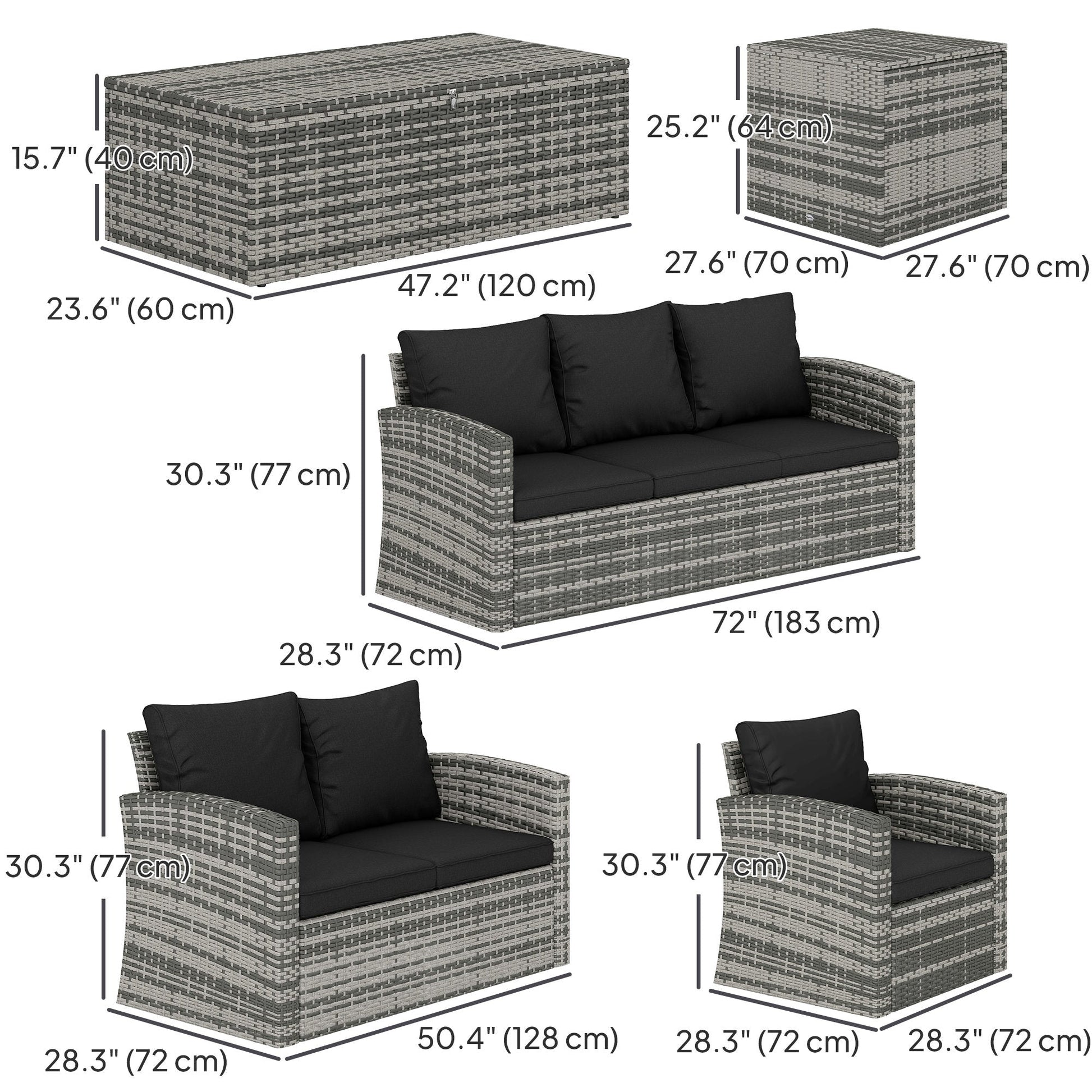 6 Pieces Wicker Patio Furniture Set with Cushions, 7-Seater Rattan Patio Sofa Set with Storage Coffee Table & Side Table, Sectional Outdoor Furniture Set, Black