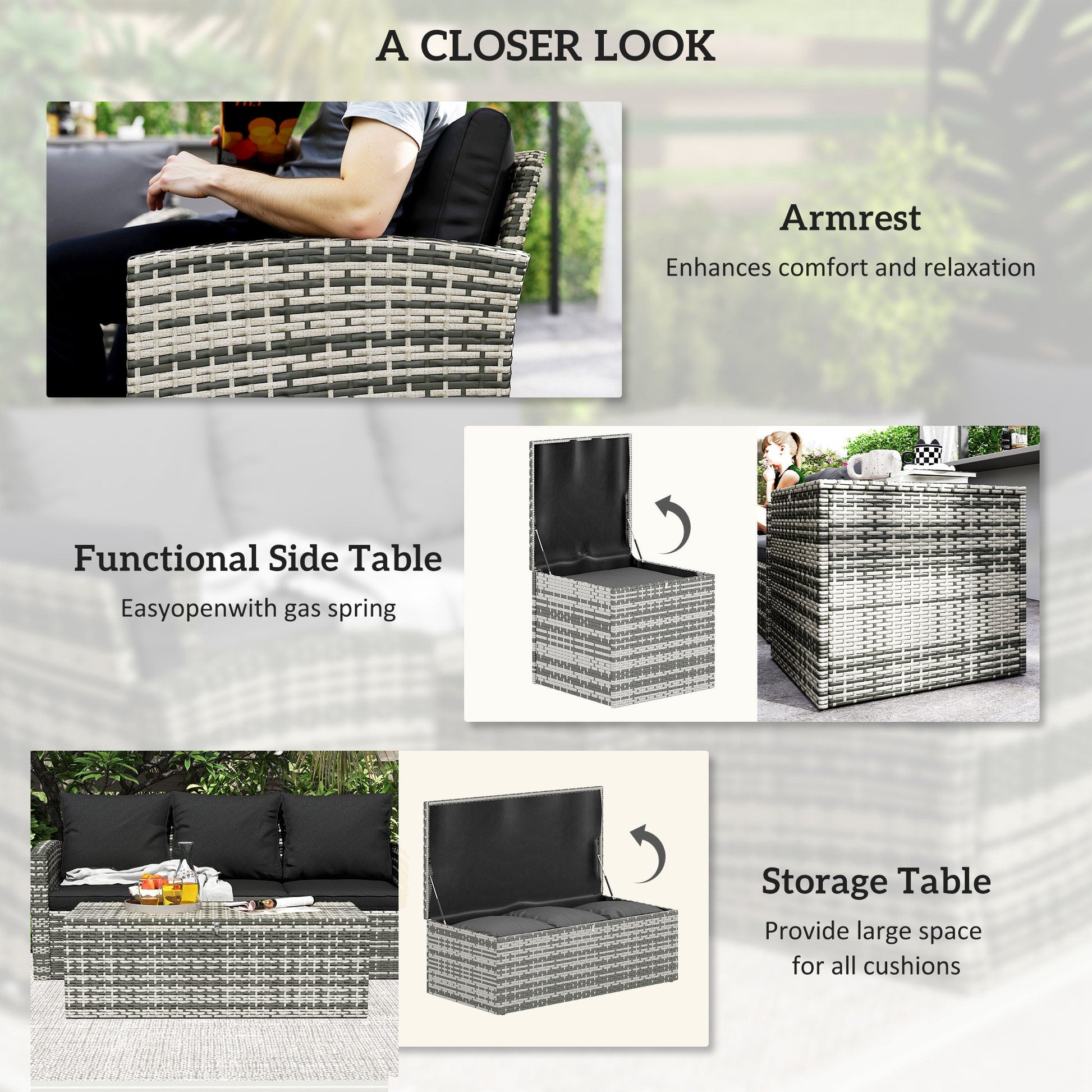6 Pieces Wicker Patio Furniture Set with Cushions, 7-Seater Rattan Patio Sofa Set with Storage Coffee Table & Side Table, Sectional Outdoor Furniture Set, Black