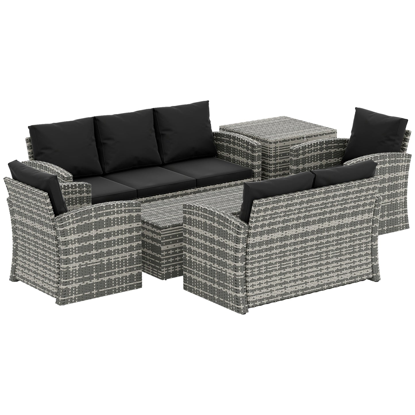 6 Pieces Wicker Patio Furniture Set with Cushions, 7-Seater Rattan Patio Sofa Set with Storage Coffee Table & Side Table, Sectional Outdoor Furniture Set, Black
