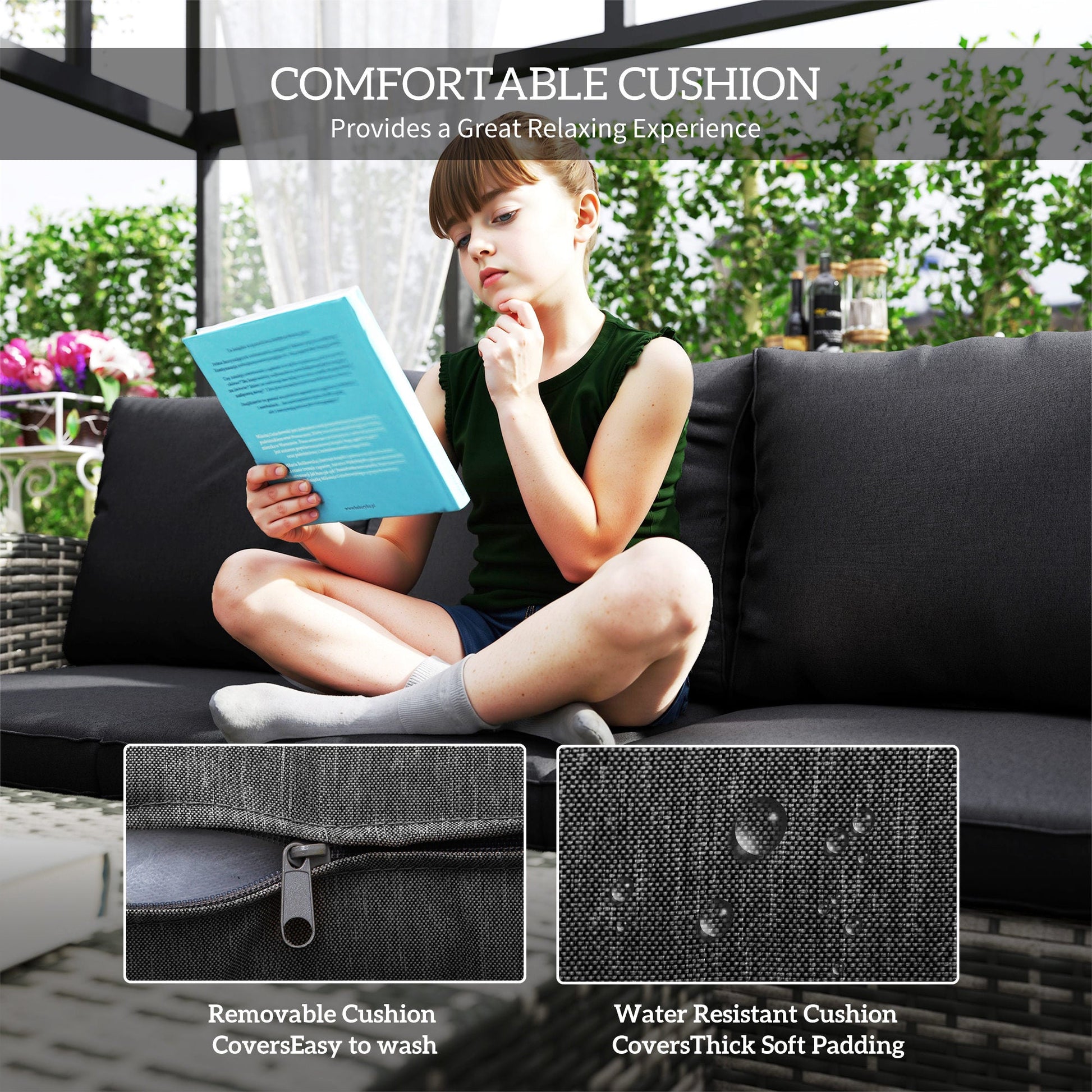 6 Pieces Wicker Patio Furniture Set with Cushions, 7-Seater Rattan Patio Sofa Set with Storage Coffee Table & Side Table, Sectional Outdoor Furniture Set, Black