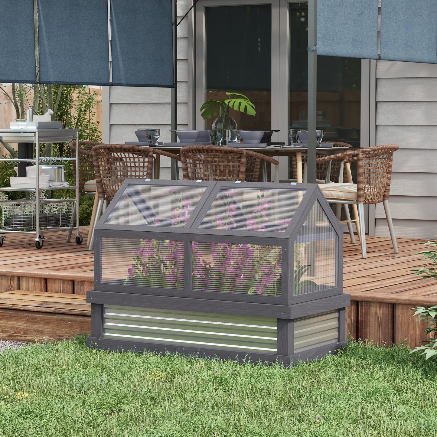 Wooden Cold Frame Greenhouse, Raised Garden Bed with Polycarbonate Greenhouse, Flower Planter Protection, 48" x 24" x 32", Grey
