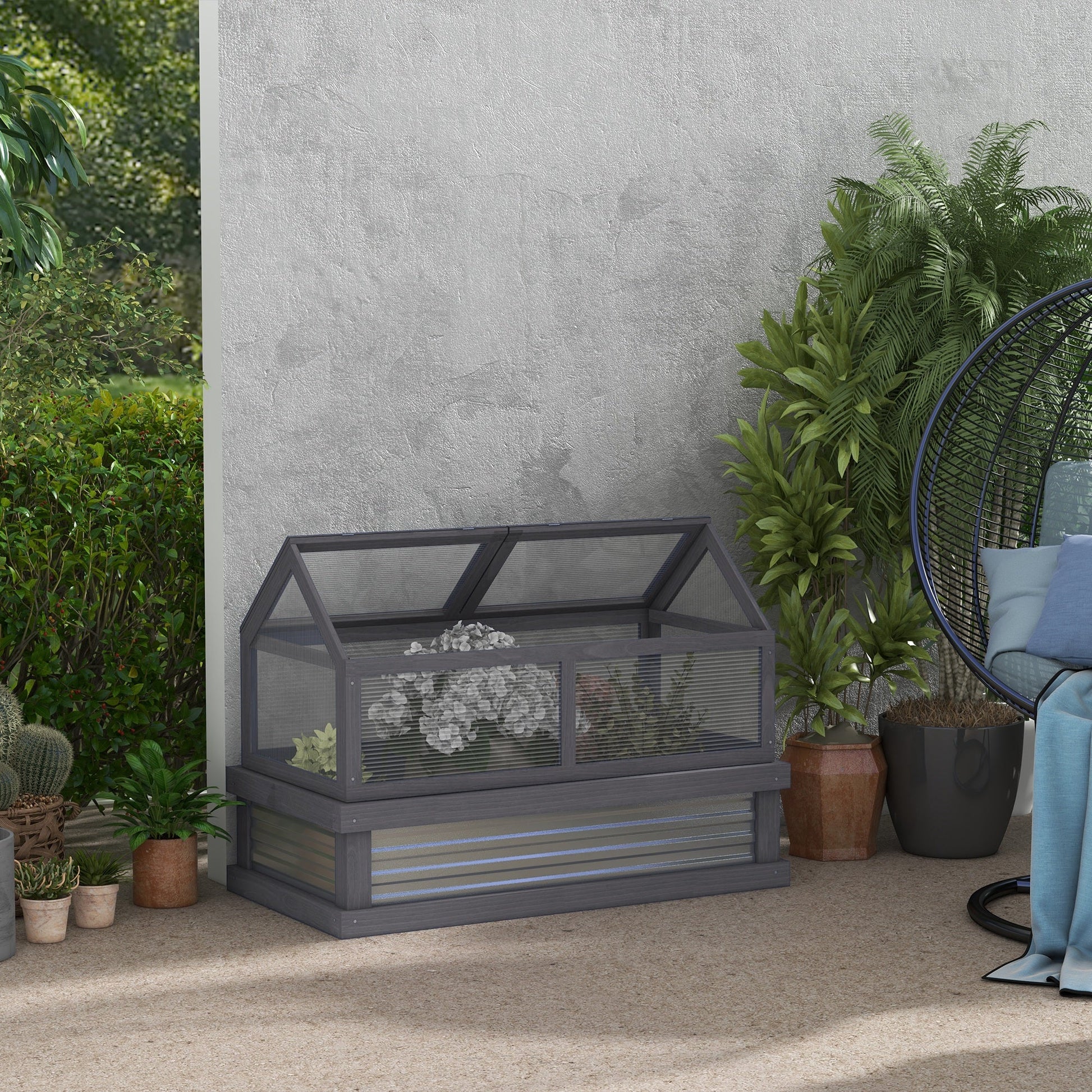 Wooden Cold Frame Greenhouse, Raised Garden Bed with Polycarbonate Greenhouse, Flower Planter Protection, 48" x 24" x 32", Grey