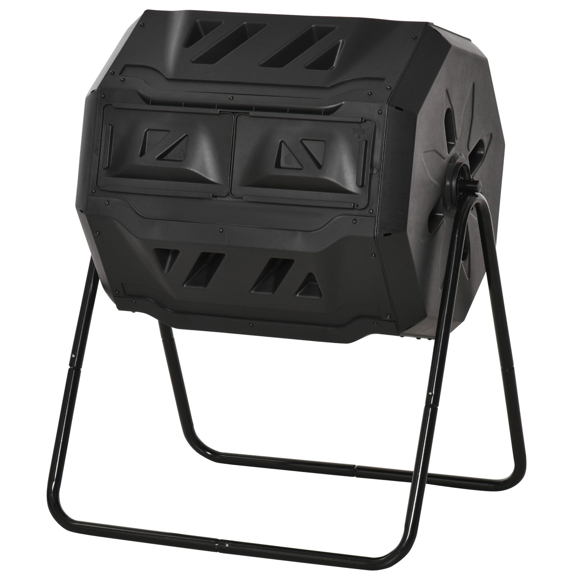 43 Gallon (160L) Tumbling Compost Bin Outdoor Dual Chamber 360° Rotating Composter with Sliding Doors, Solid Steel Frame and Gloves, Black